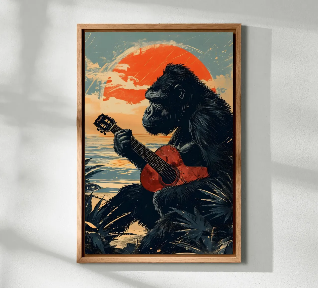 Gorilla spielt Gitarre am Strand canvas van WILD ART