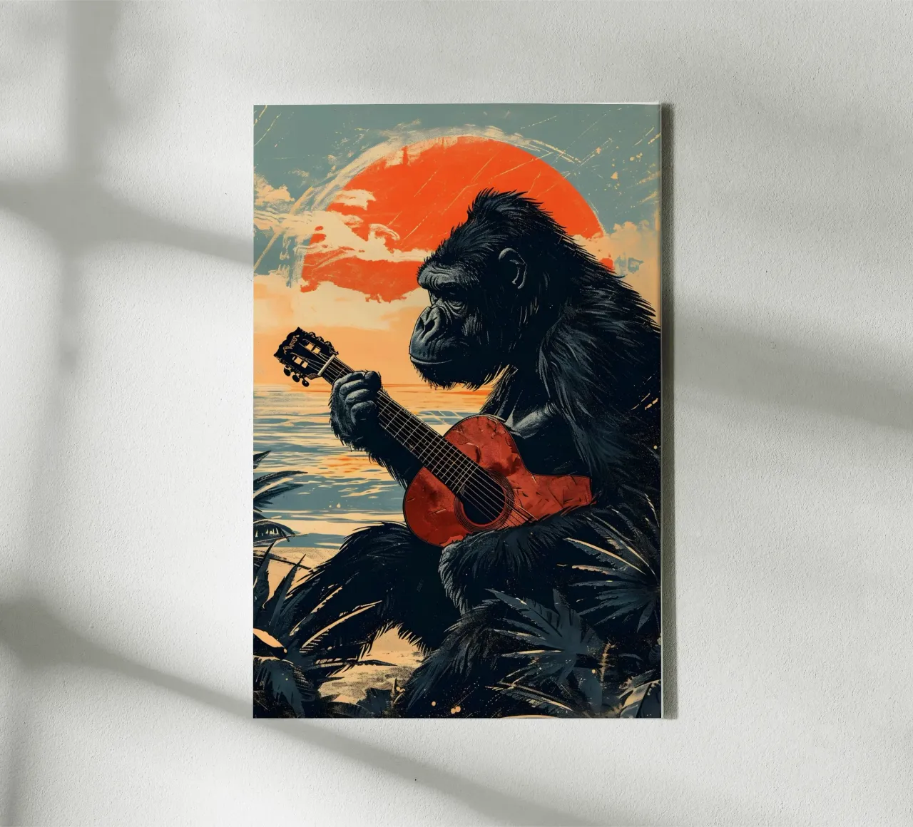 Gorilla spielt Gitarre am Strand canvas van WILD ART