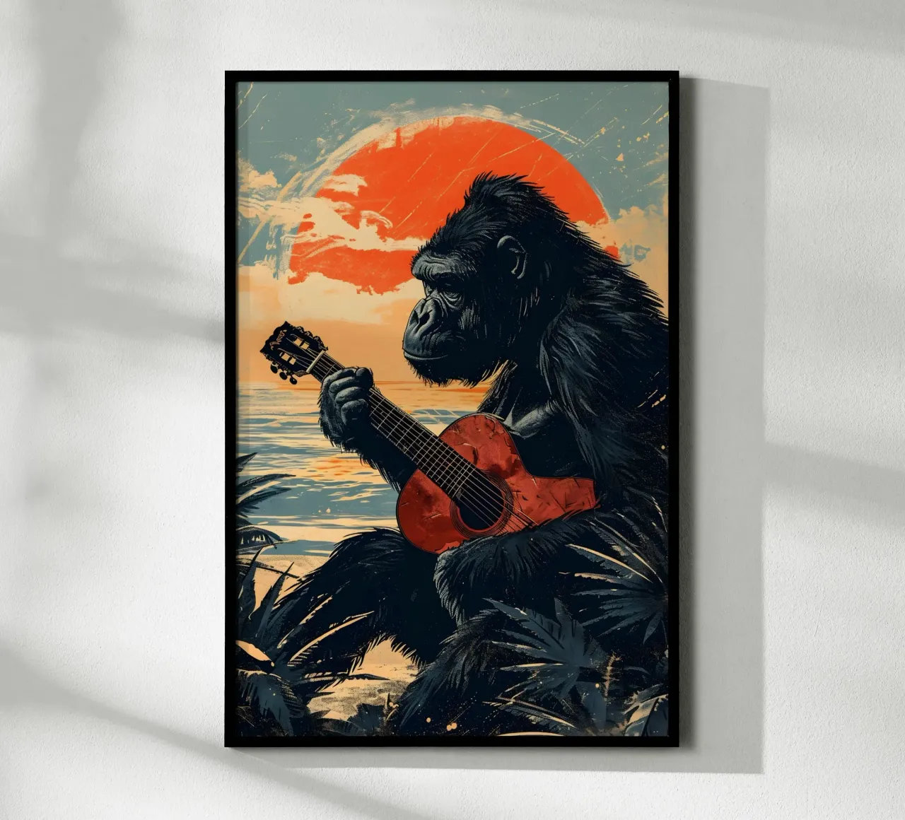 Gorilla spielt Gitarre am Strand carta hahnemühle da WILD ART