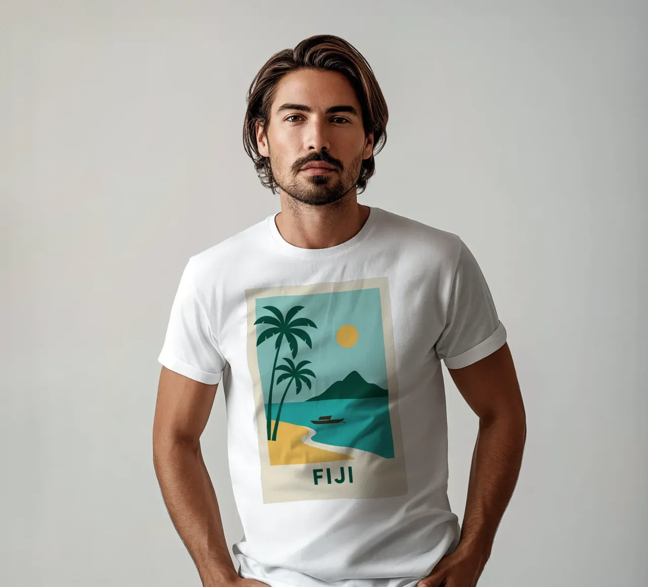 Sognando le Fiji: un'isola, due palme e la fuga t-shirt da JETLAG | affiches voyage