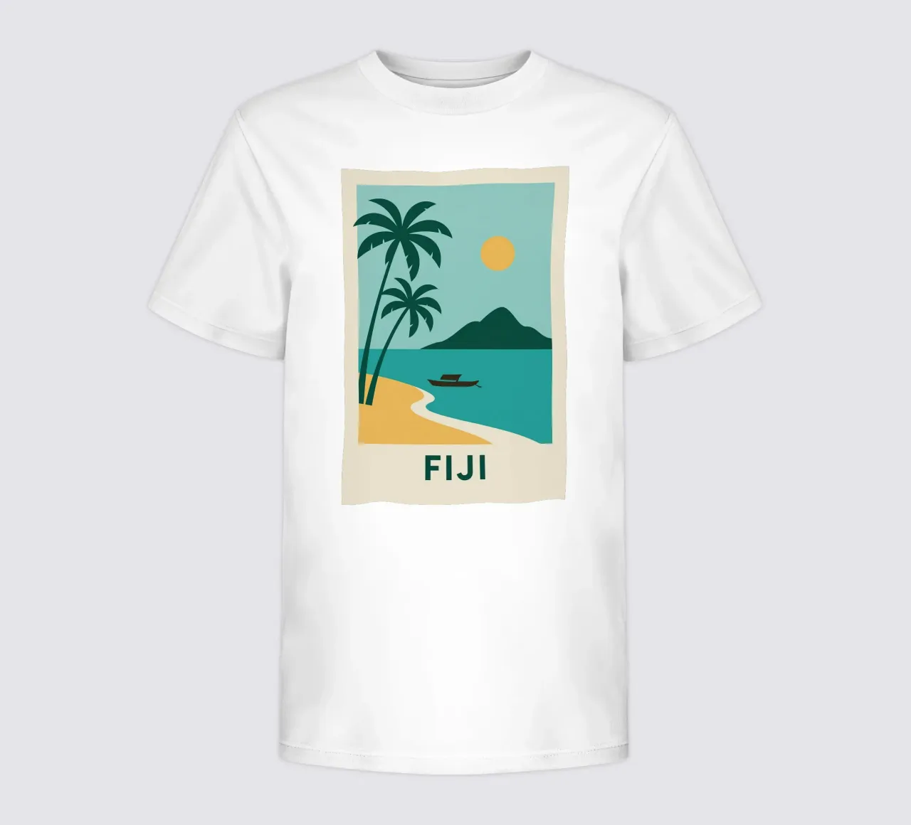 Sognando le Fiji: un'isola, due palme e la fuga t-shirt bambini da JETLAG | affiches voyage
