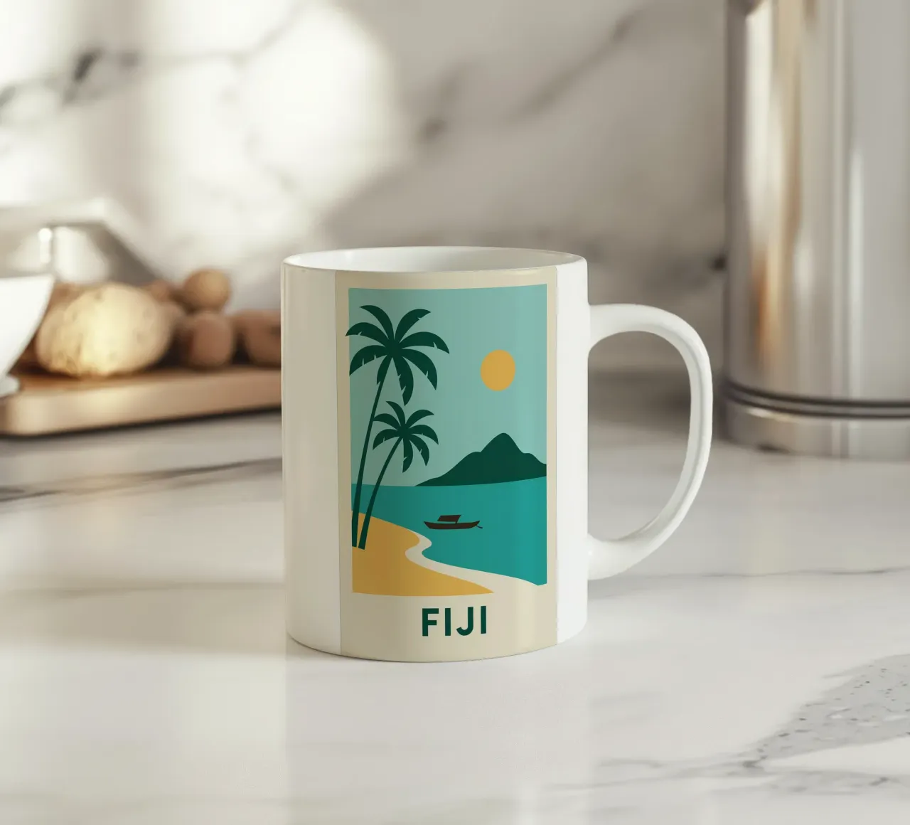 Sognando le Fiji: un'isola, due palme e la fuga tazza in ceramica da JETLAG | affiches voyage