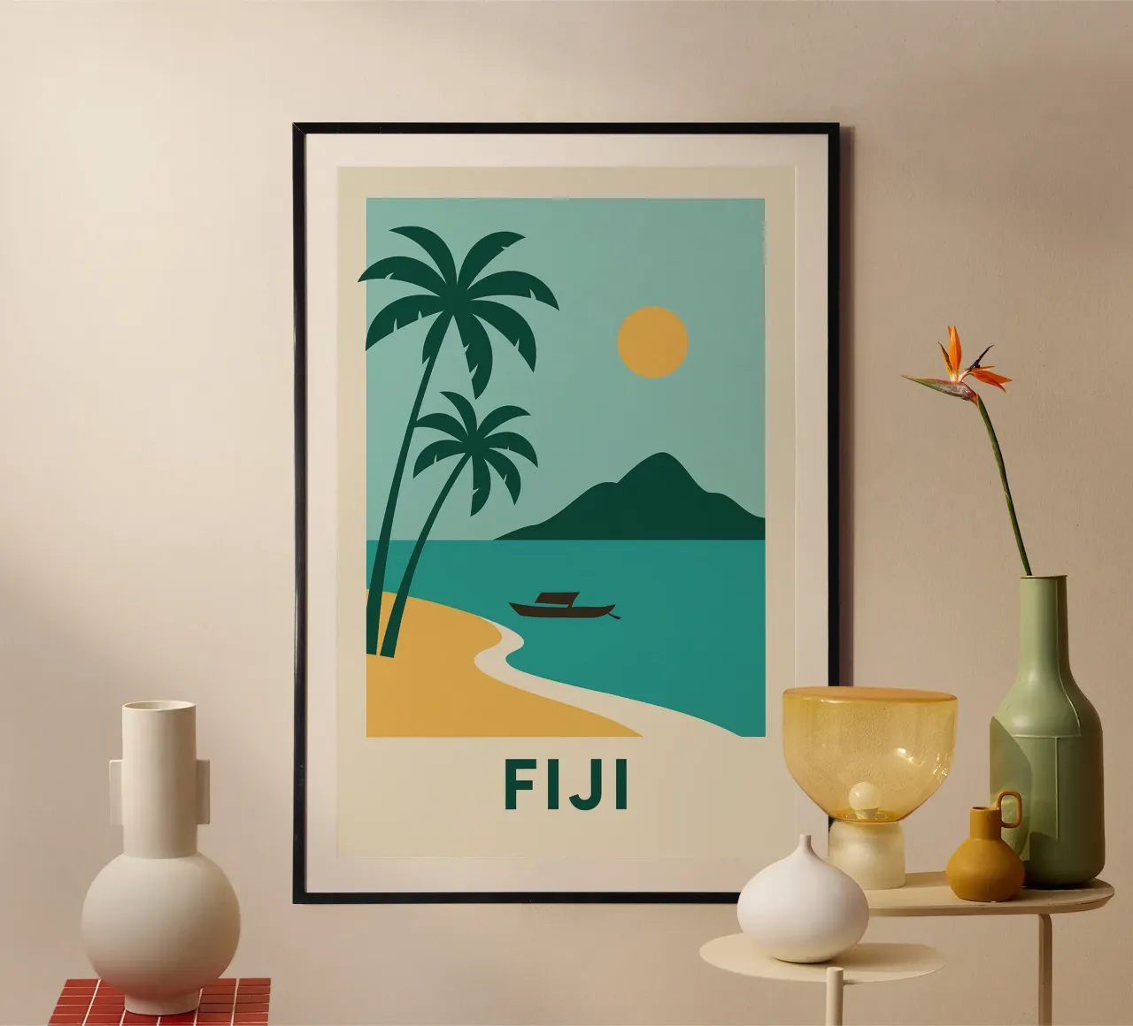 Sognando le Fiji: un'isola, due palme e la fuga poster con telaio in plastica da JETLAG | affiches voyage