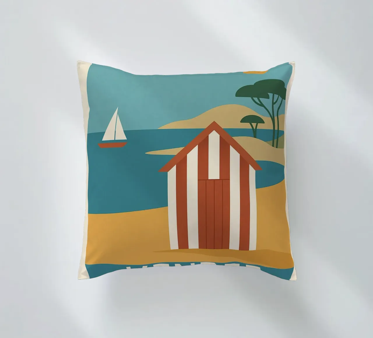 Graphic summer in Vendée - escape at the end of the beach decorative cushion by JETLAG | affiches voyage
