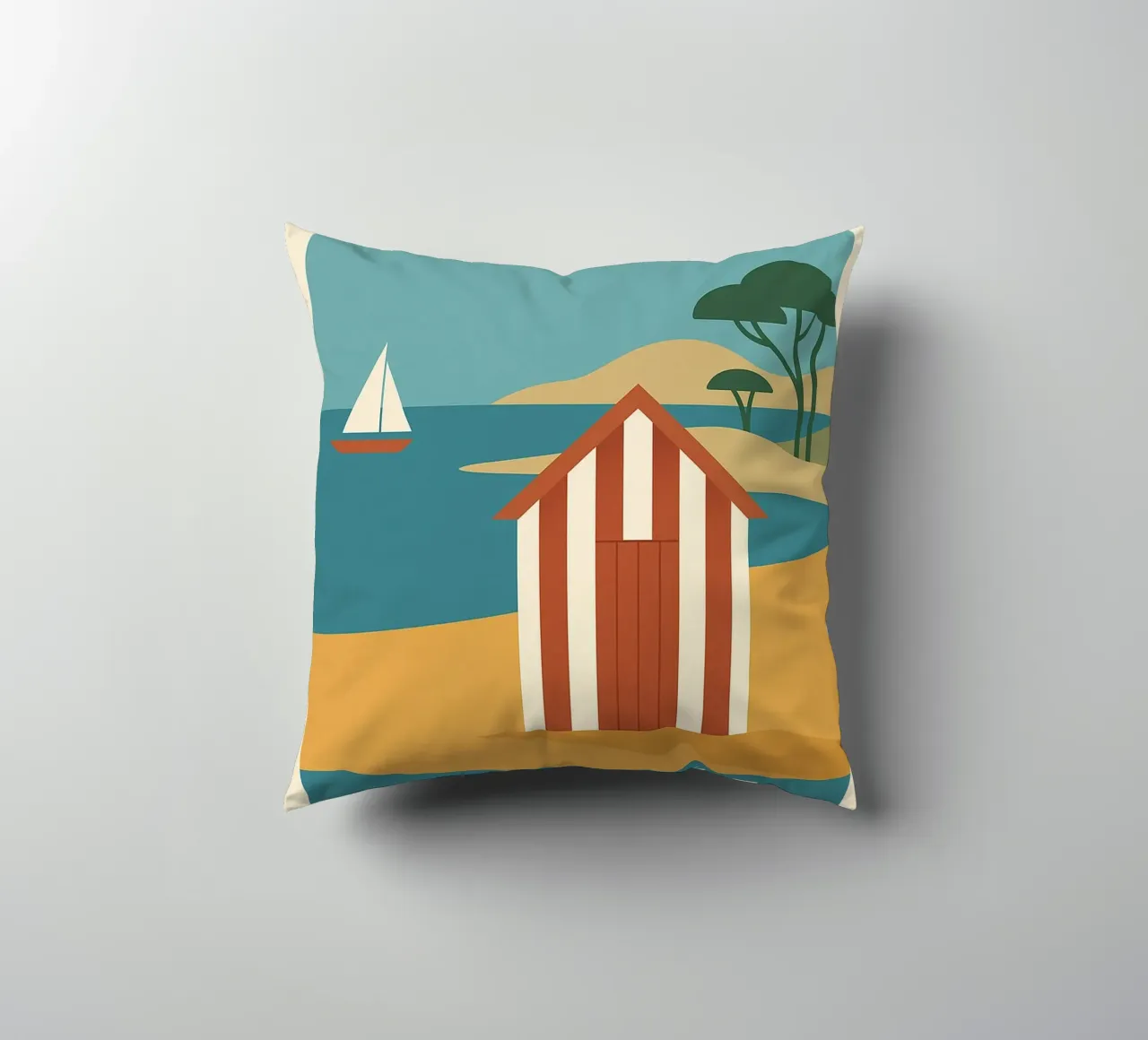 Graphic summer in Vendée - escape at the end of the beach decorative cushion by JETLAG | affiches voyage