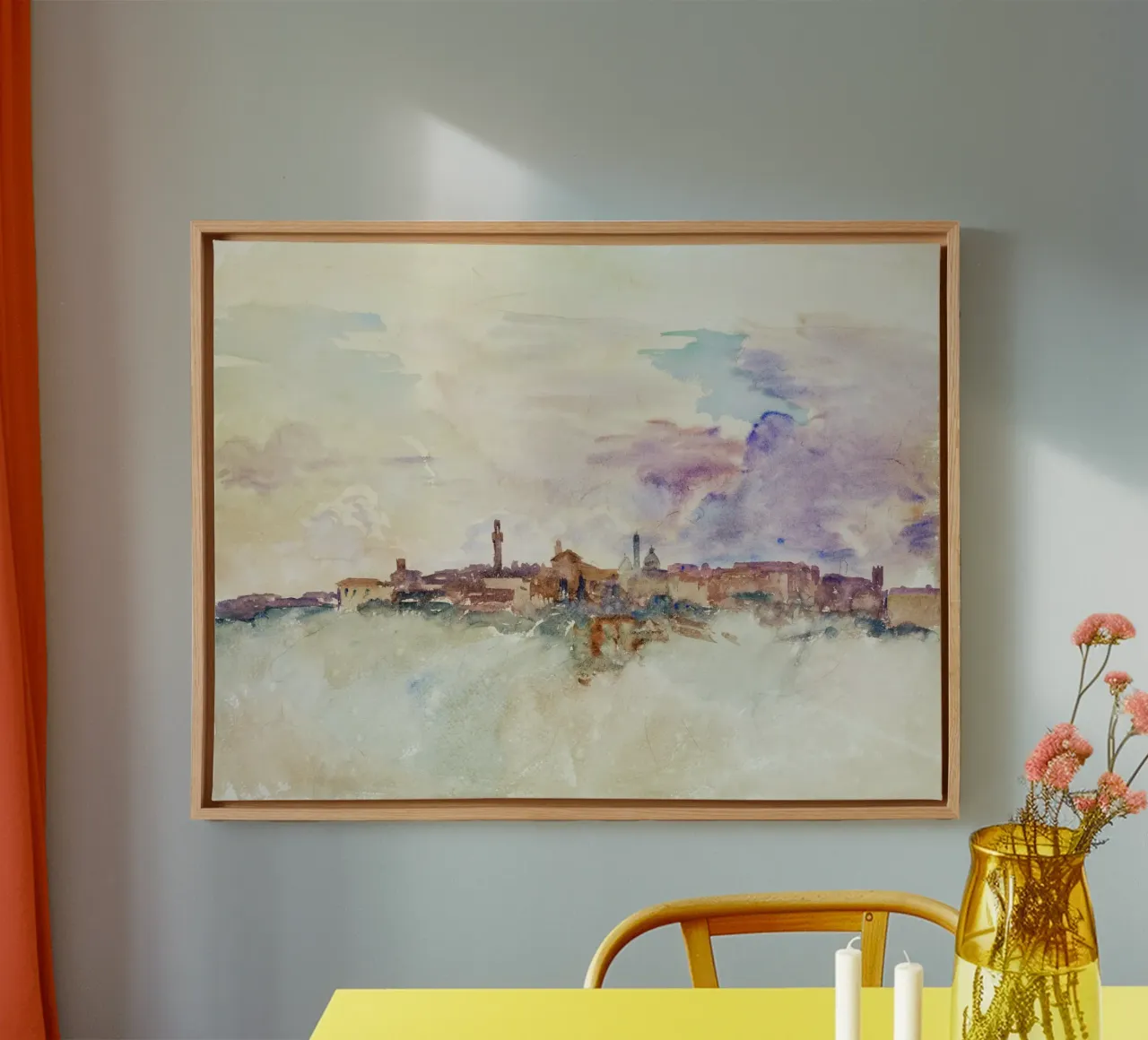 Dageraad in de Toscaanse heuvels - Impressionistisch aquarel stadsgezicht canvas met Baklijst van NorwesClub