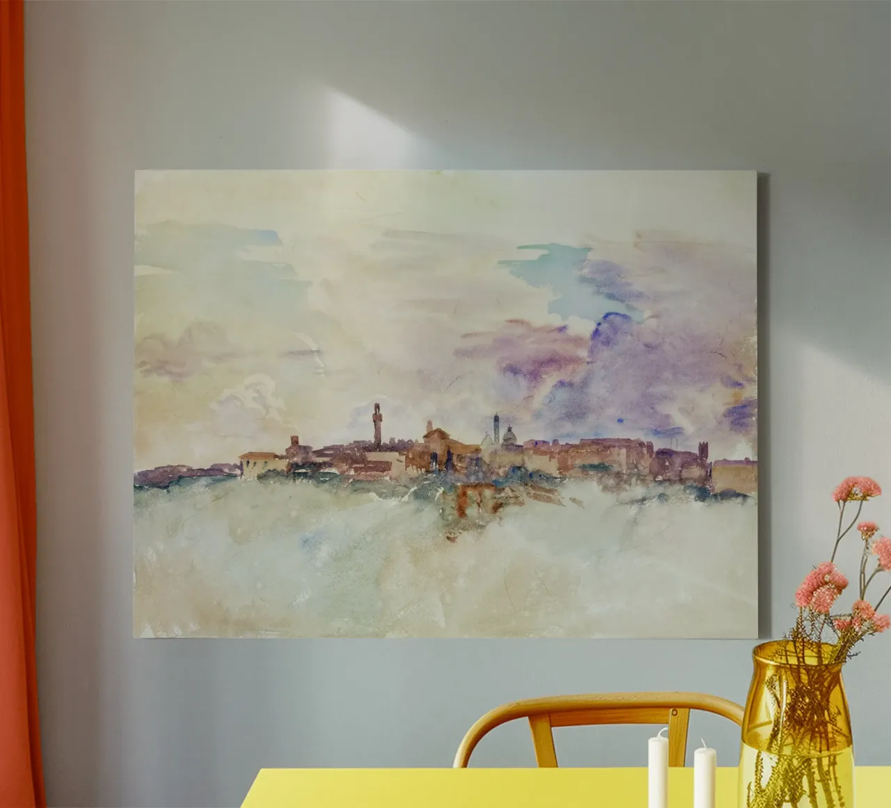 Dageraad in de Toscaanse heuvels - Impressionistisch aquarel stadsgezicht canvas met Baklijst van NorwesClub