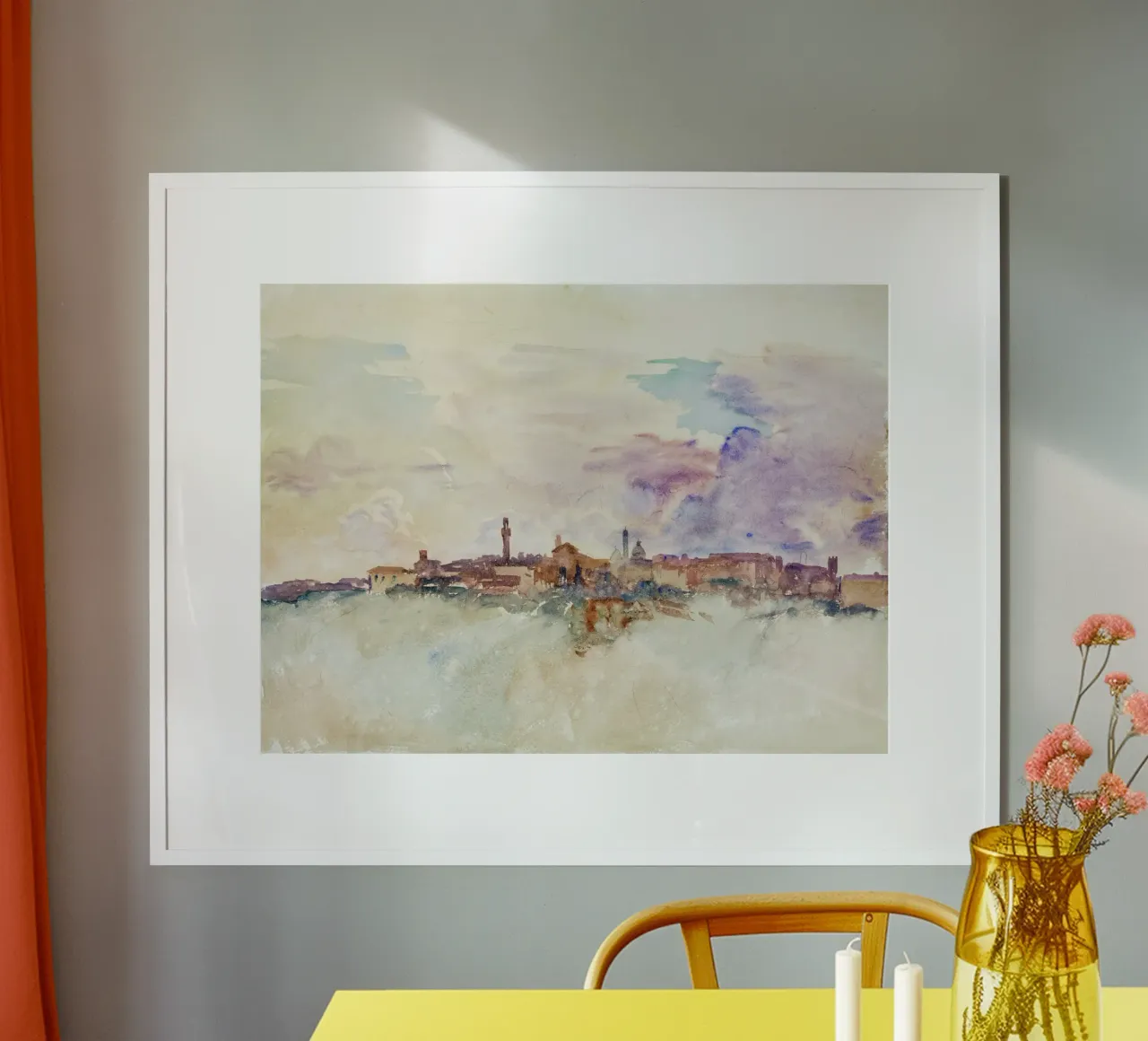 Alba di una città collinare toscana - Paesaggio urbano ad acquerello impressionista poster con telaio in alluminio da NorwesClub