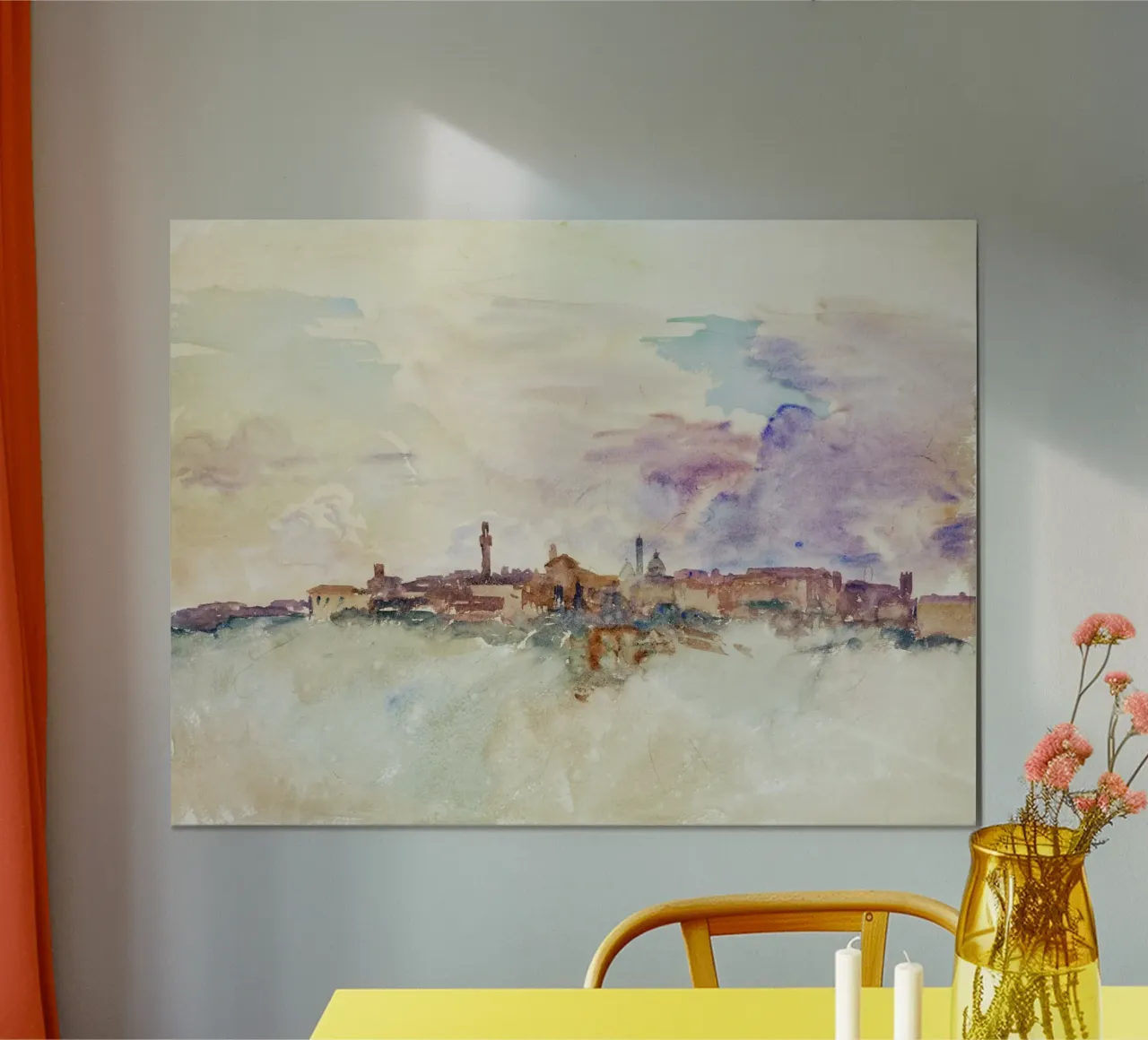 Alba di una città collinare toscana - Paesaggio urbano ad acquerello impressionista poster con telaio in alluminio da NorwesClub
