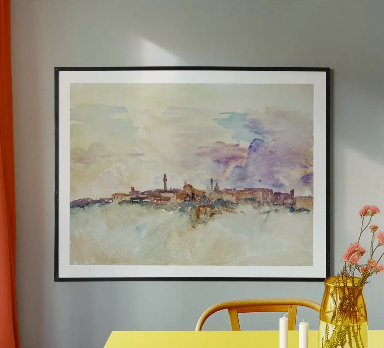 Alba di una città collinare toscana - Paesaggio urbano ad acquerello impressionista poster con telaio in alluminio da NorwesClub