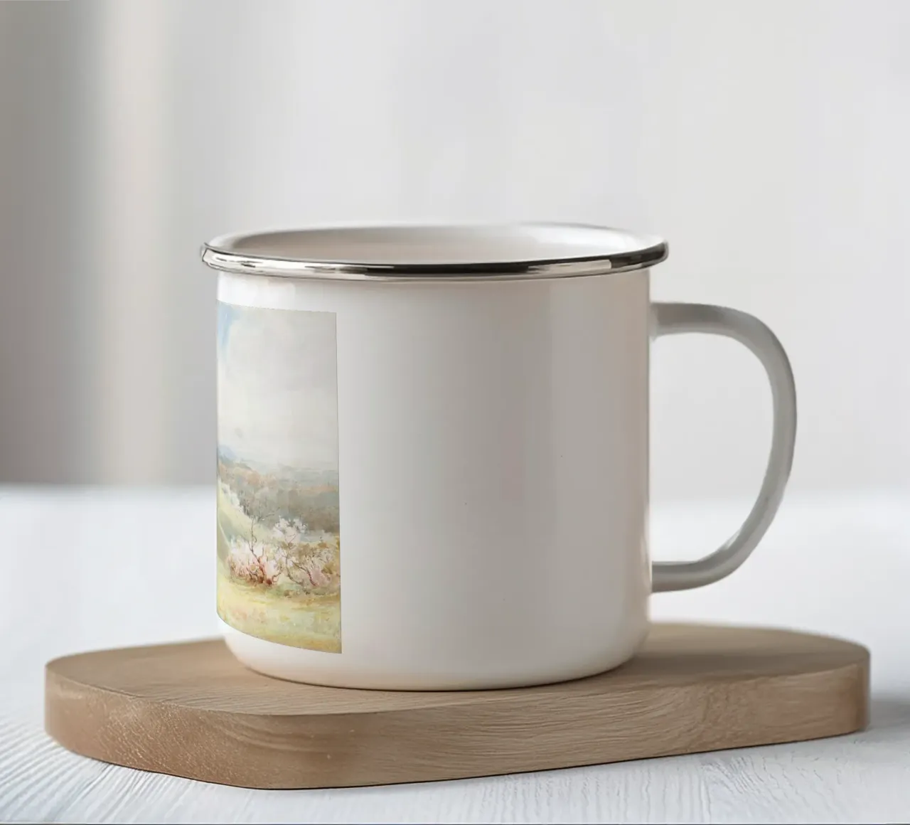 Fioritura del frutteto di primavera - Acquerello impressionista di paesaggio tazza in smalto da NorwesClub