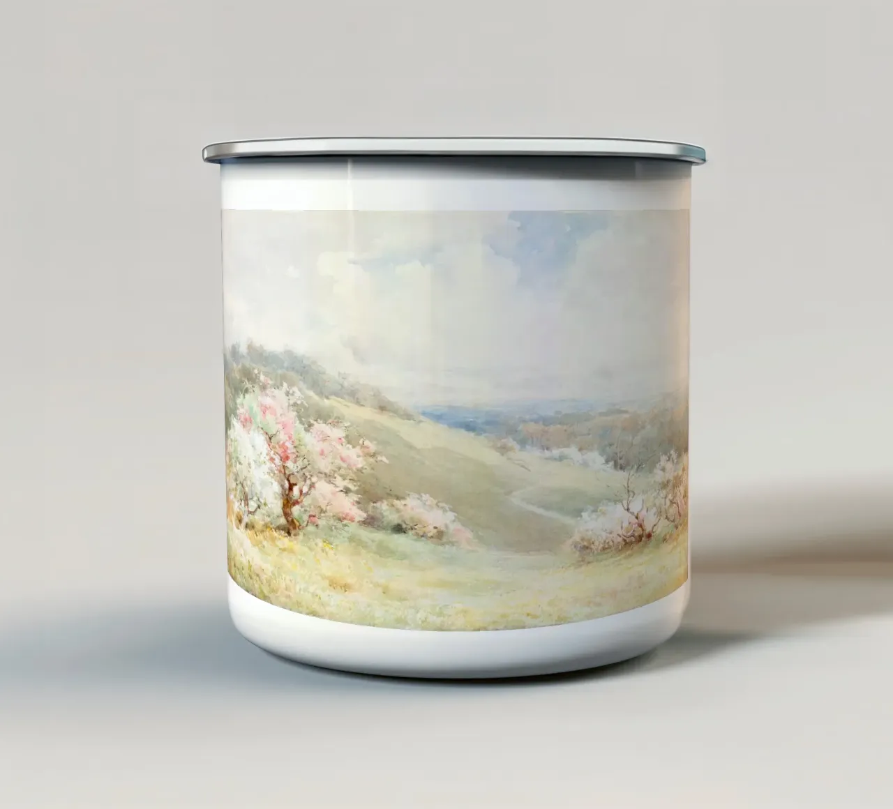 Fioritura del frutteto di primavera - Acquerello impressionista di paesaggio tazza in smalto da NorwesClub