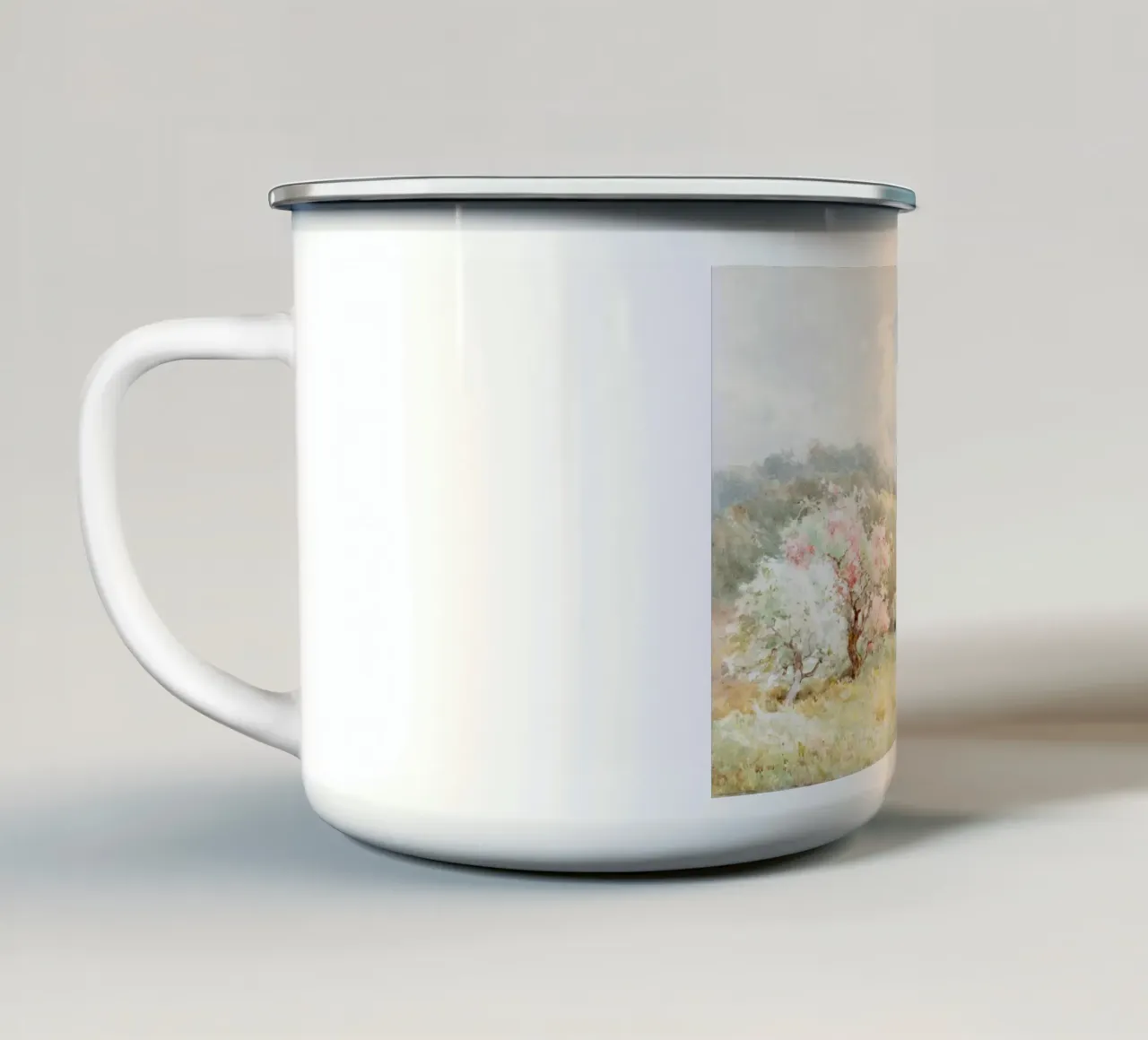 Fioritura del frutteto di primavera - Acquerello impressionista di paesaggio tazza in smalto da NorwesClub