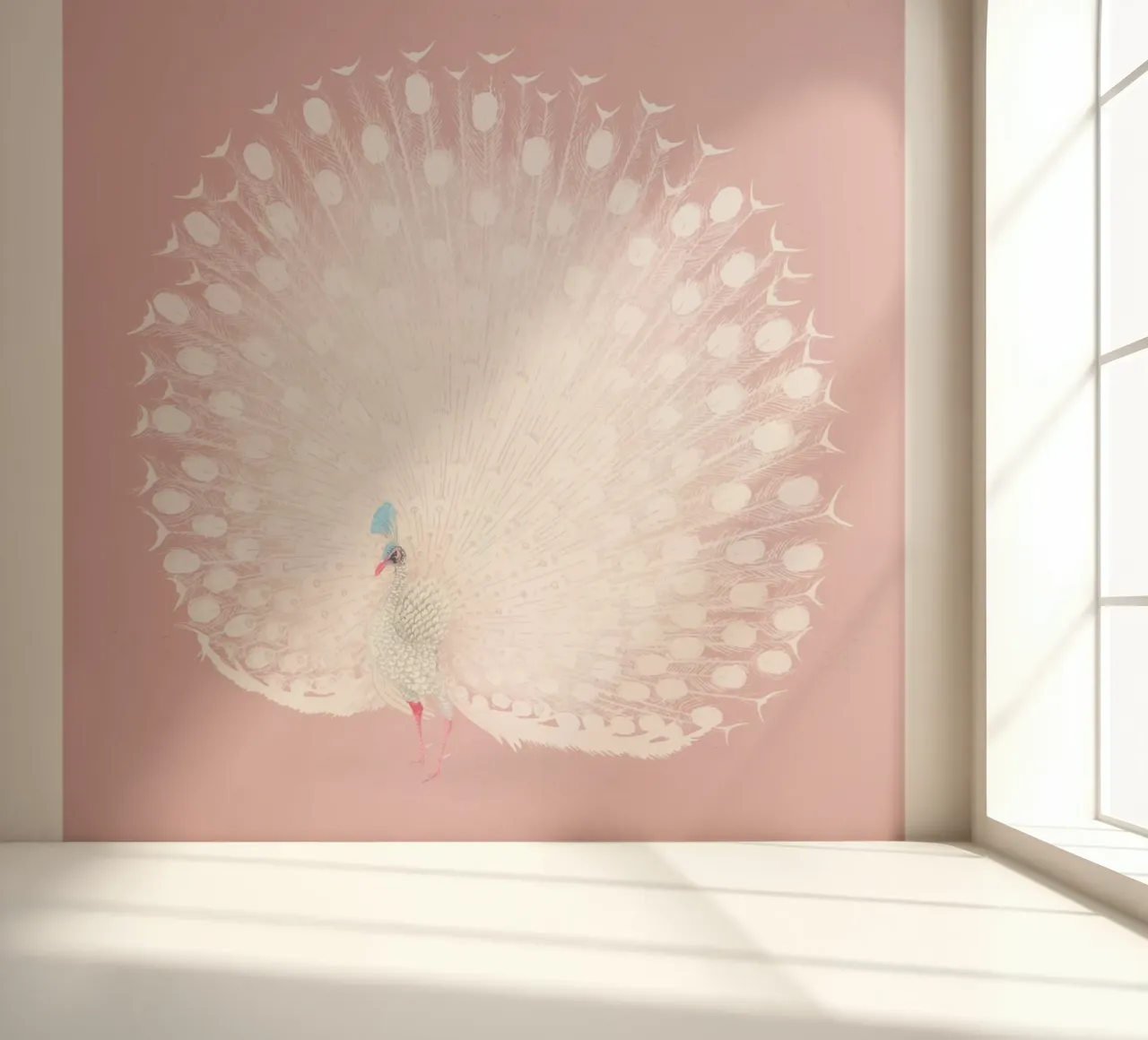 White Peacock Display - Ethereal Pastel Pink Art Print photo wallpaper by NorwesClub