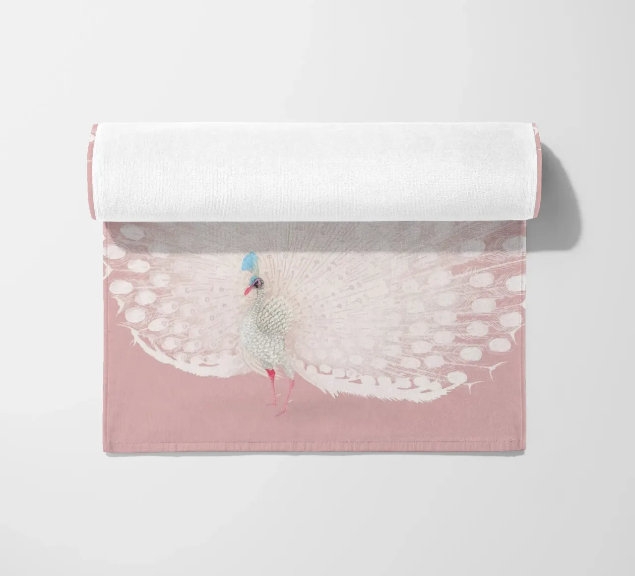 White Peacock Display - Ethereal Pastel Pink Art Print beach towel by NorwesClub