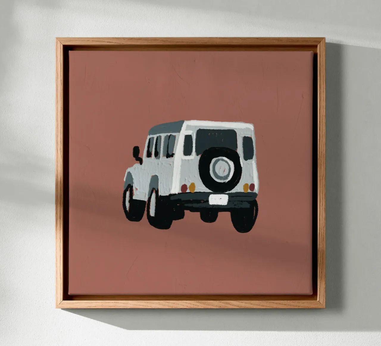 Oldtimer-Geländewagen - Minimalistischer Terrakotta-Kunstdruck Leinwand mit Schattenfugenrahmen von NorwesClub