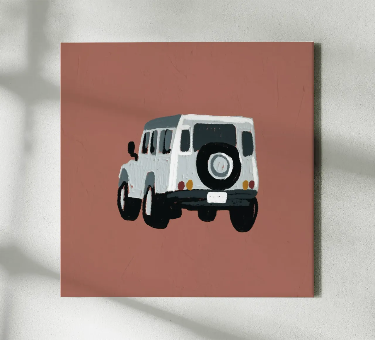 Oldtimer-Geländewagen - Minimalistischer Terrakotta-Kunstdruck Leinwand mit Schattenfugenrahmen von NorwesClub