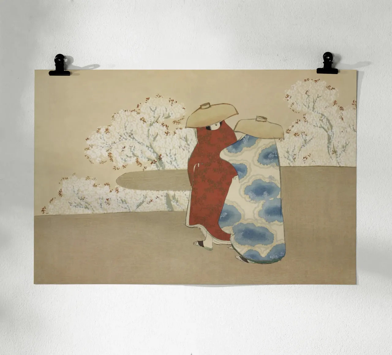 Kimono Ogata Gekko con fiori di ciliegio - Arte giapponese Ukiyo-e poster con telaio in legno da NorwesClub