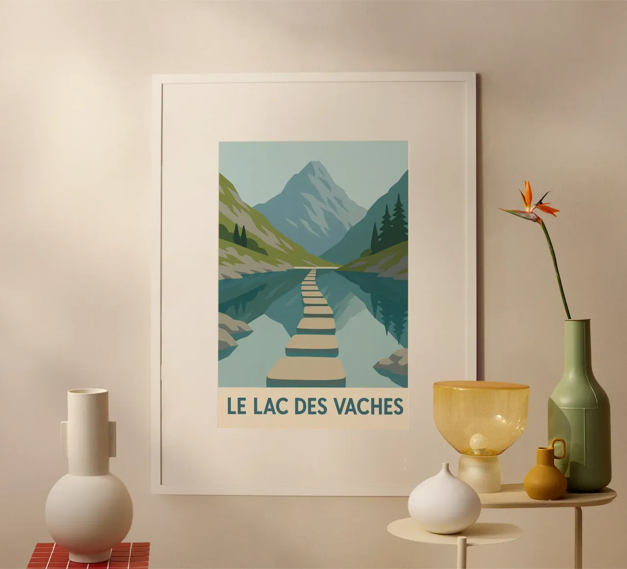 Lac des Vaches - Alpiene rust en een natuurlijke spiegel poster met houten frame van JETLAG | affiches voyage