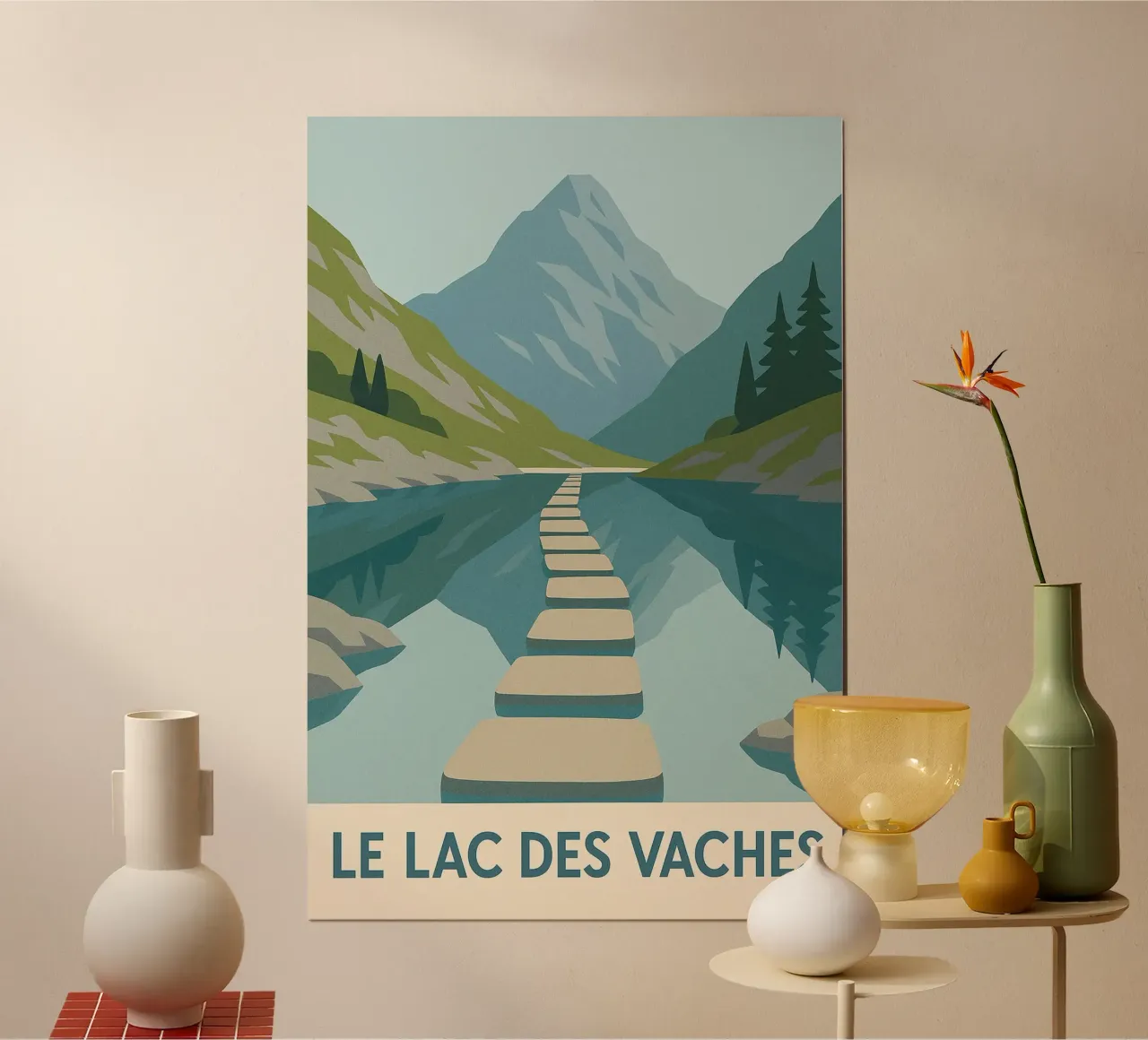 Lac des Vaches - Alpiene rust en een natuurlijke spiegel poster met houten frame van JETLAG | affiches voyage