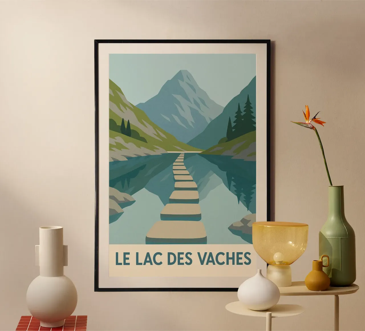 Lac des Vaches - Alpiene rust en een natuurlijke spiegel poster met houten frame van JETLAG | affiches voyage