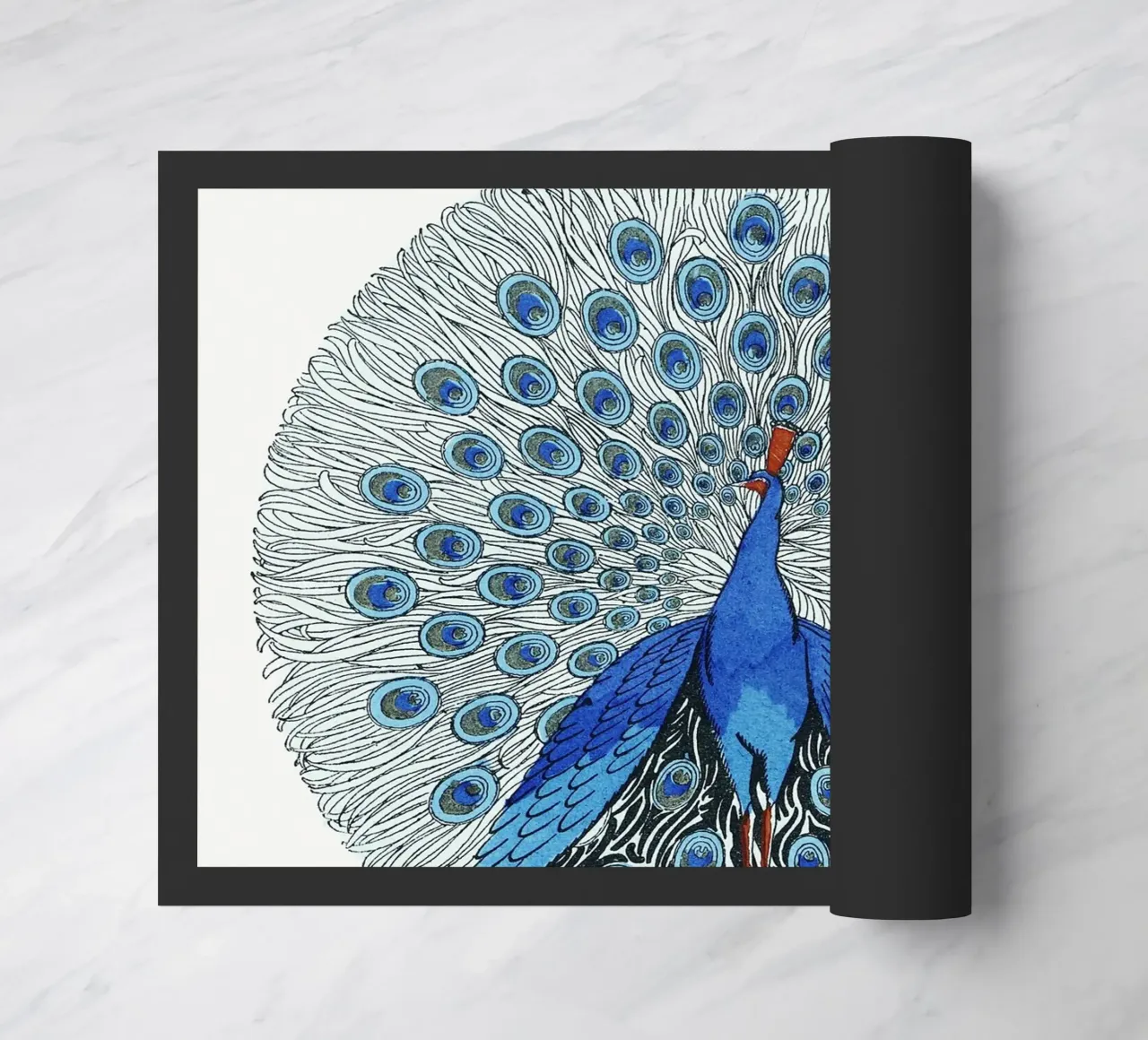 Blue Peacock Display - Elegant Art Nouveau Avian Art doormat by NorwesClub