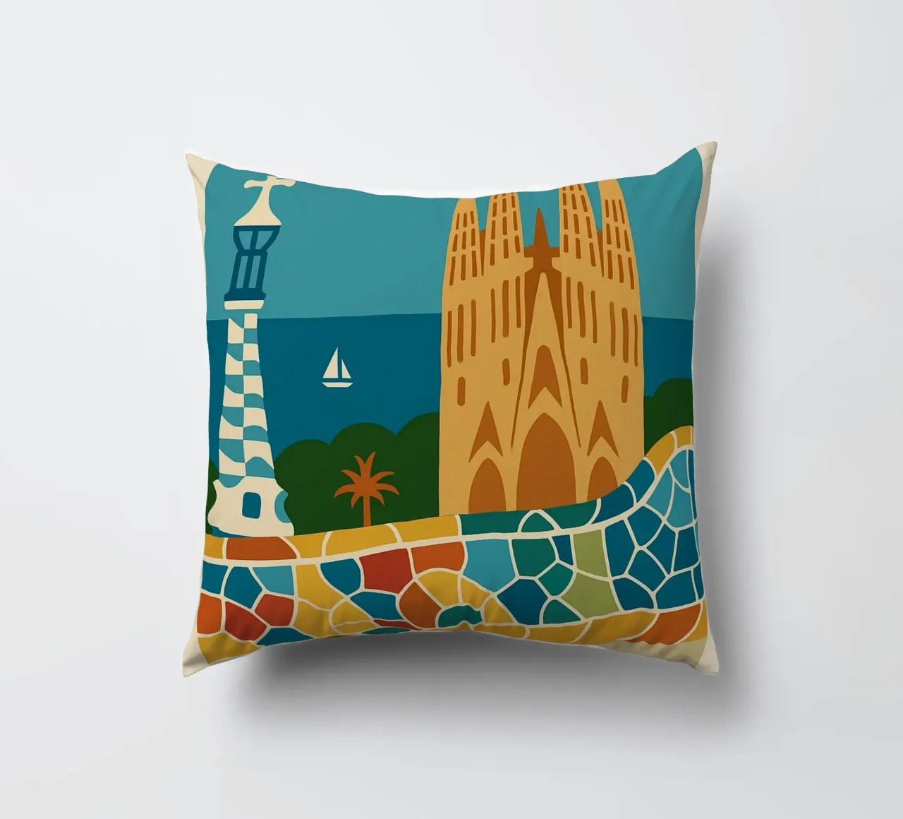 Barcellona: un mosaico di sole, arte e mare cuscino da JETLAG | affiches voyage