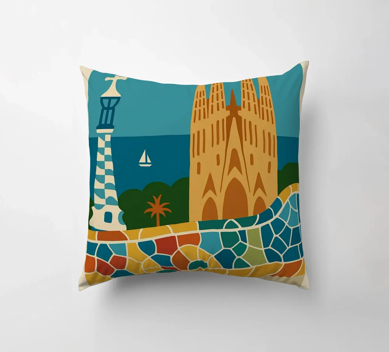 Barcellona: un mosaico di sole, arte e mare cuscino da JETLAG | affiches voyage