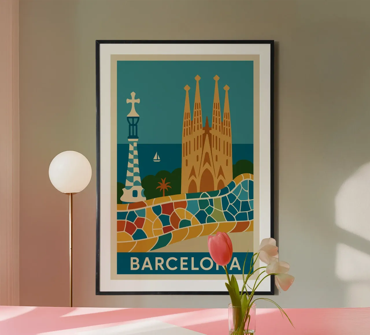 Barcellona: un mosaico di sole, arte e mare poster con telaio in plastica da JETLAG | affiches voyage