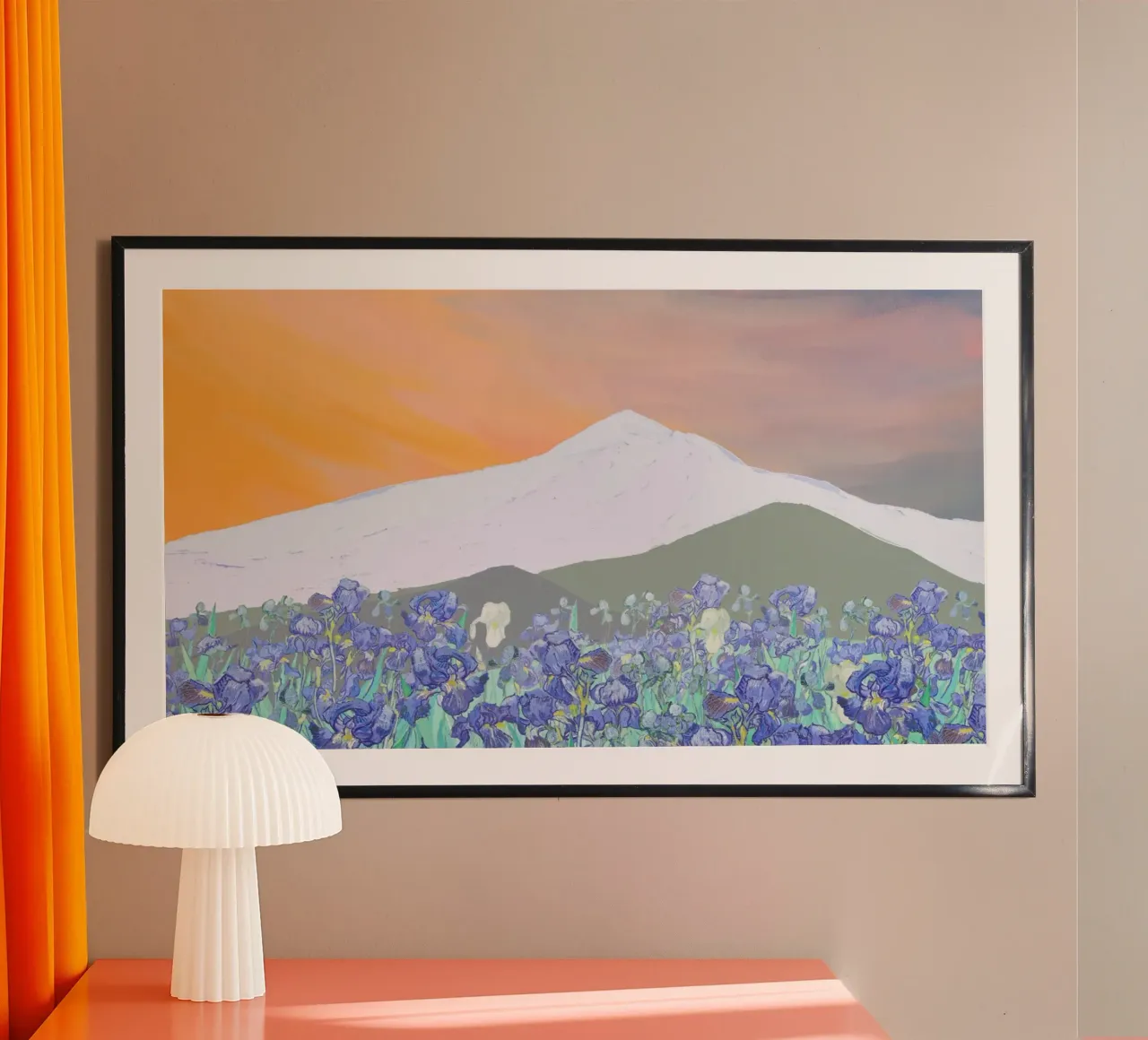 Irisveld & bergen met zonsondergang - Impressionistische landschapskunst poster van NorwesClub