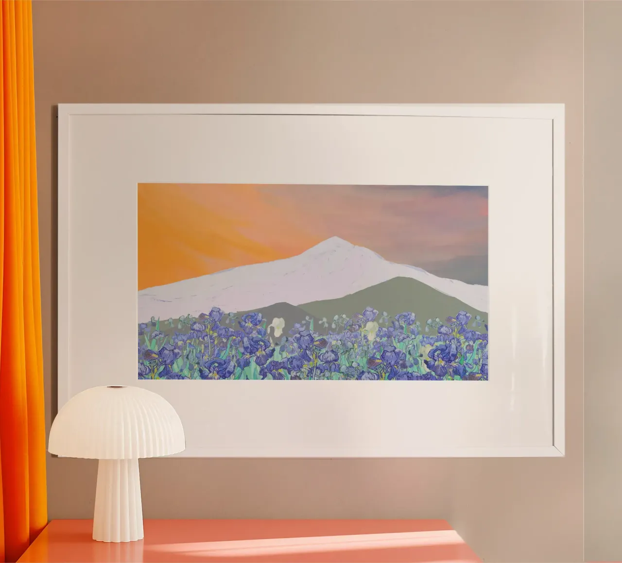 Irisveld & bergen met zonsondergang - Impressionistische landschapskunst poster van NorwesClub