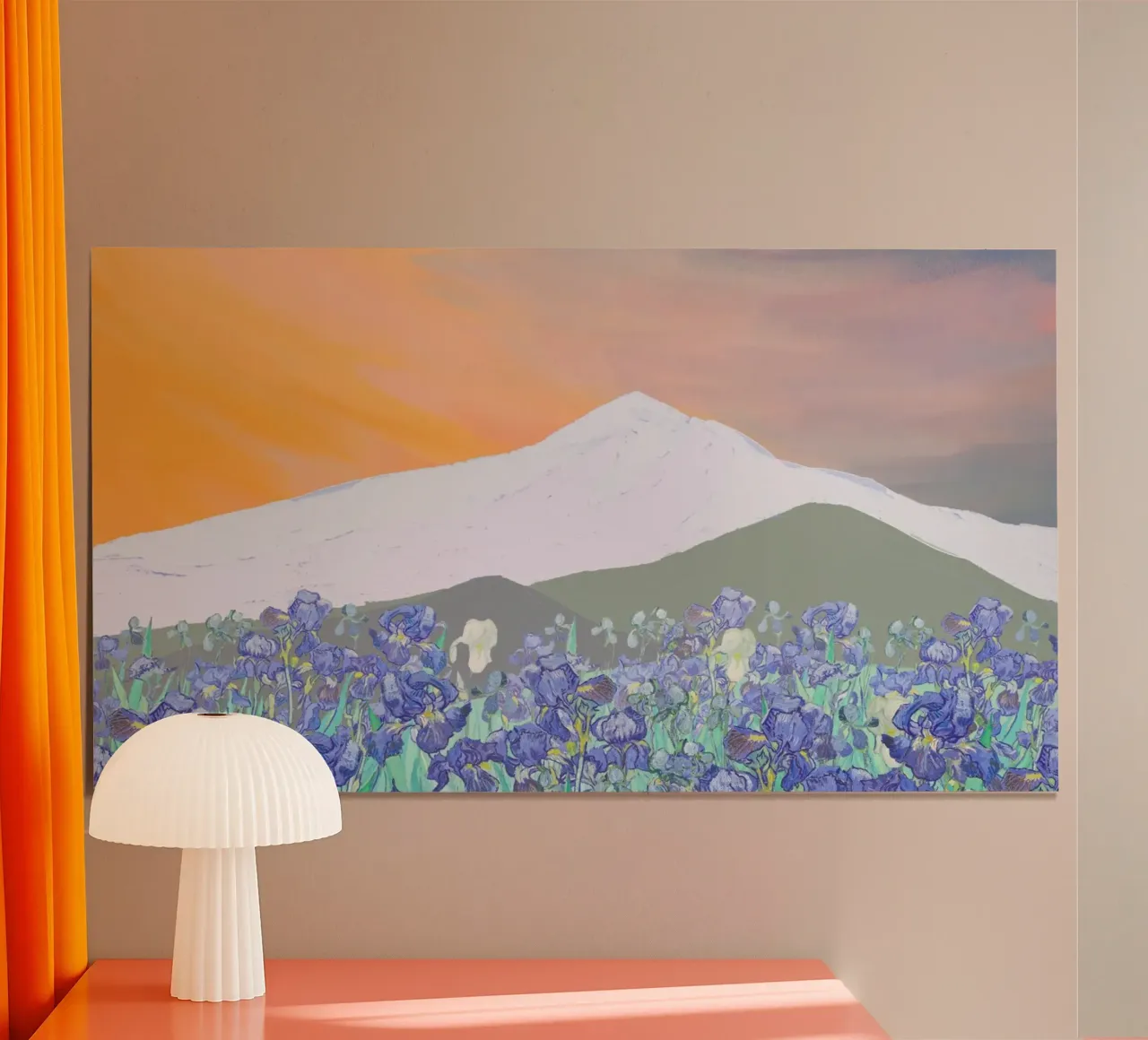 Irisveld & bergen met zonsondergang - Impressionistische landschapskunst poster van NorwesClub