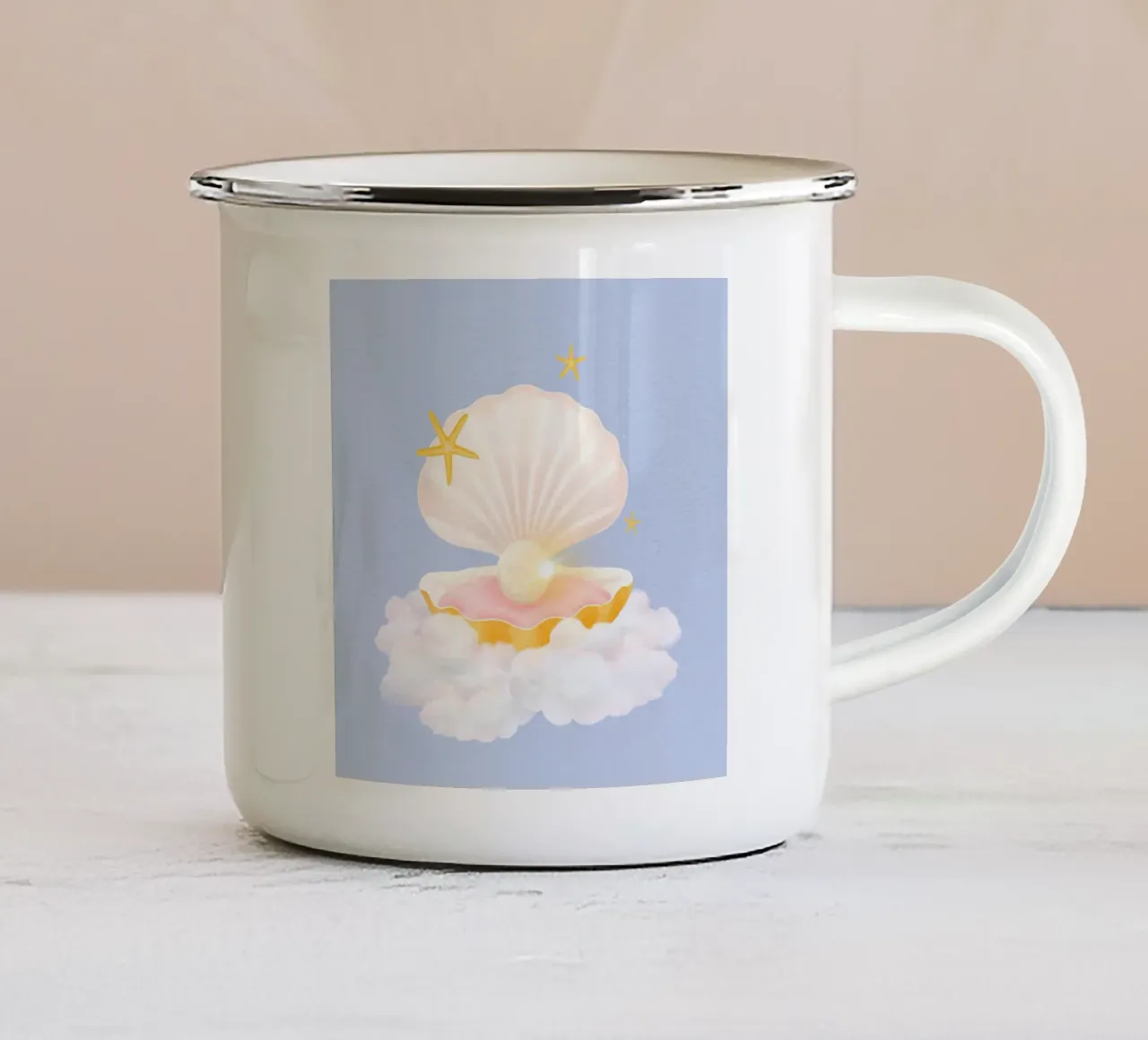 Dreamy Pearl Shell Cloud - Whimsical Pastel Ocean Art enamel mug by NorwesClub