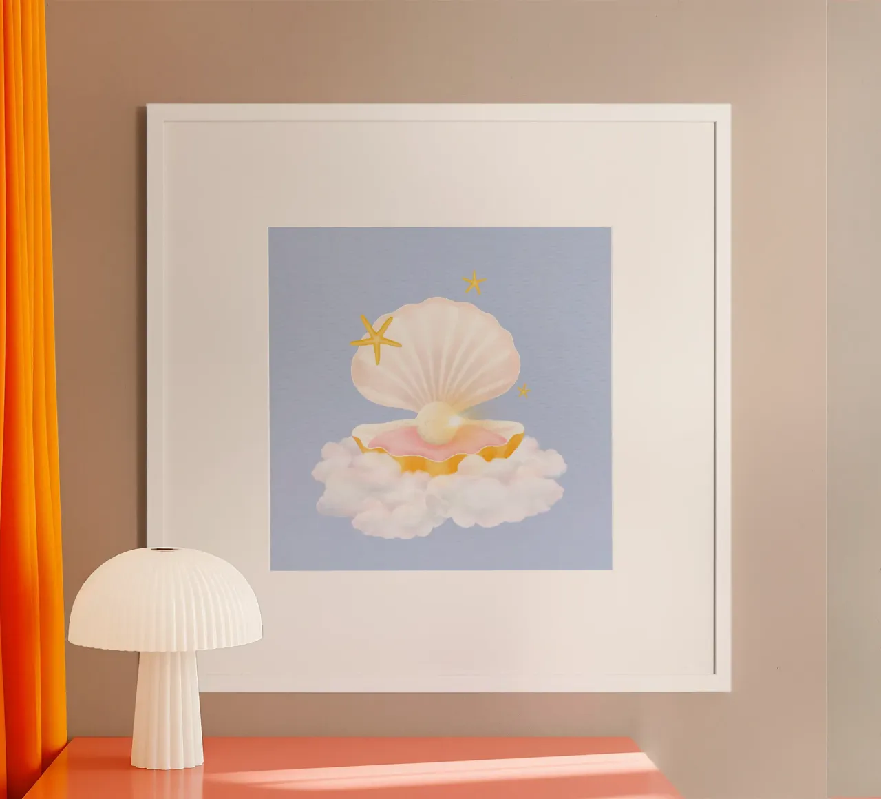 Verträumte Perlmuschelwolke - Skurrile Pastell-Ozeankunst Poster mit Holzrahmen von NorwesClub