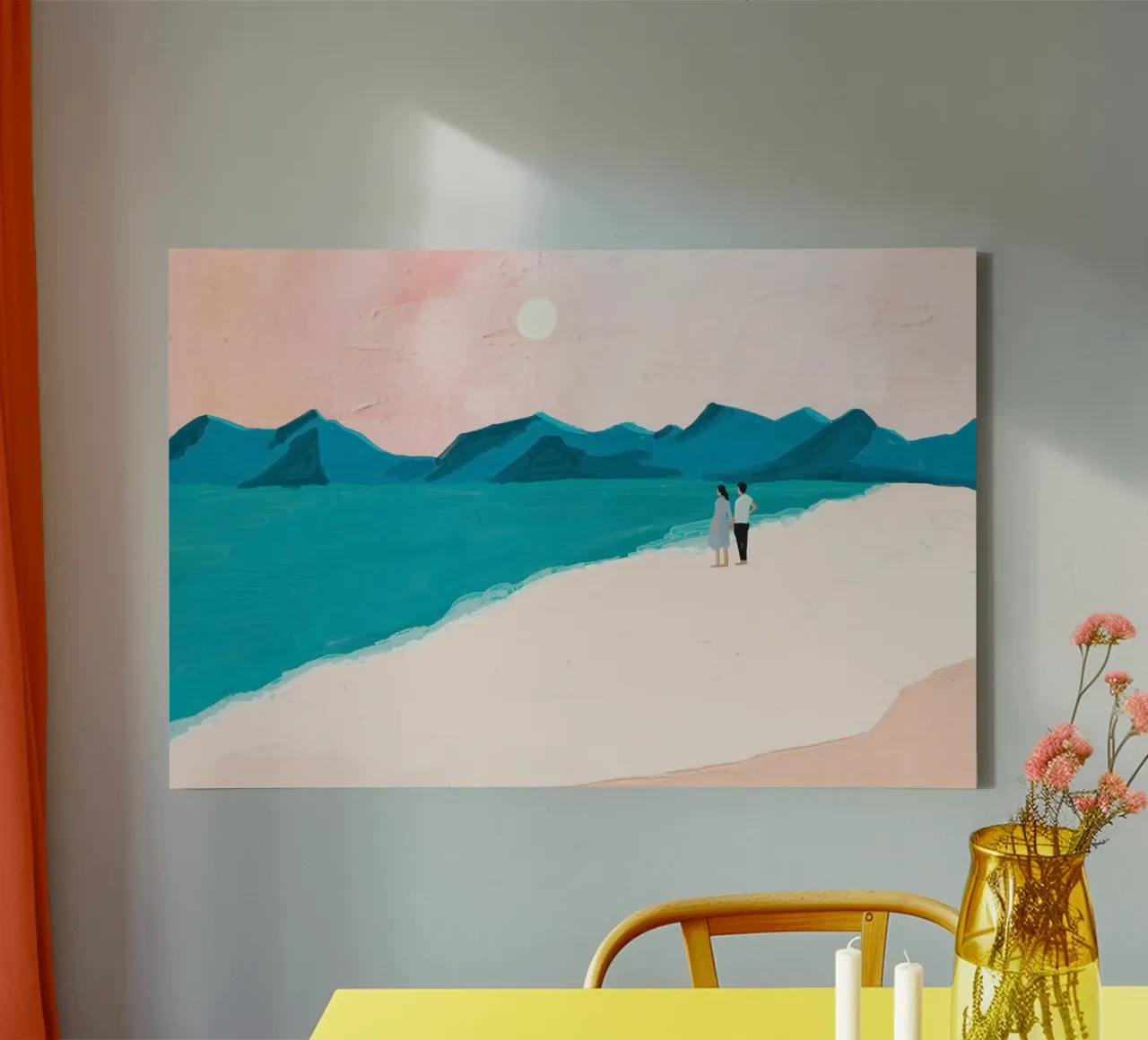 Romantische Strand Zonsondergang - Minimalistische Kust Kunstdruk canvas met Baklijst van NorwesClub