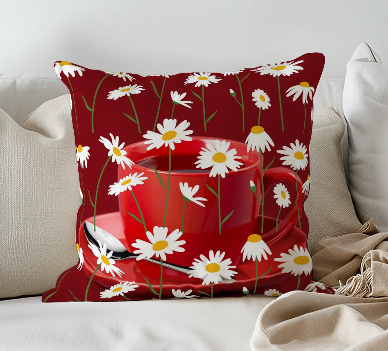 Bicchiere da tè in porcellana con fiori di camomilla - Murale rosso, moderno cuscino da StrindesignStudio