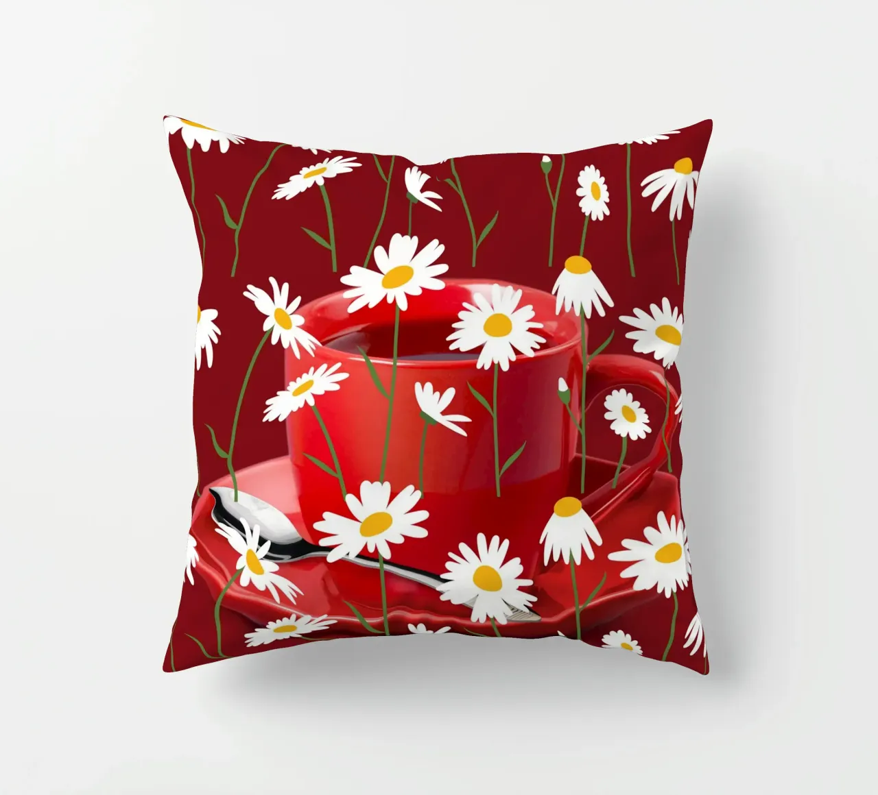 Bicchiere da tè in porcellana con fiori di camomilla - Murale rosso, moderno cuscino da StrindesignStudio