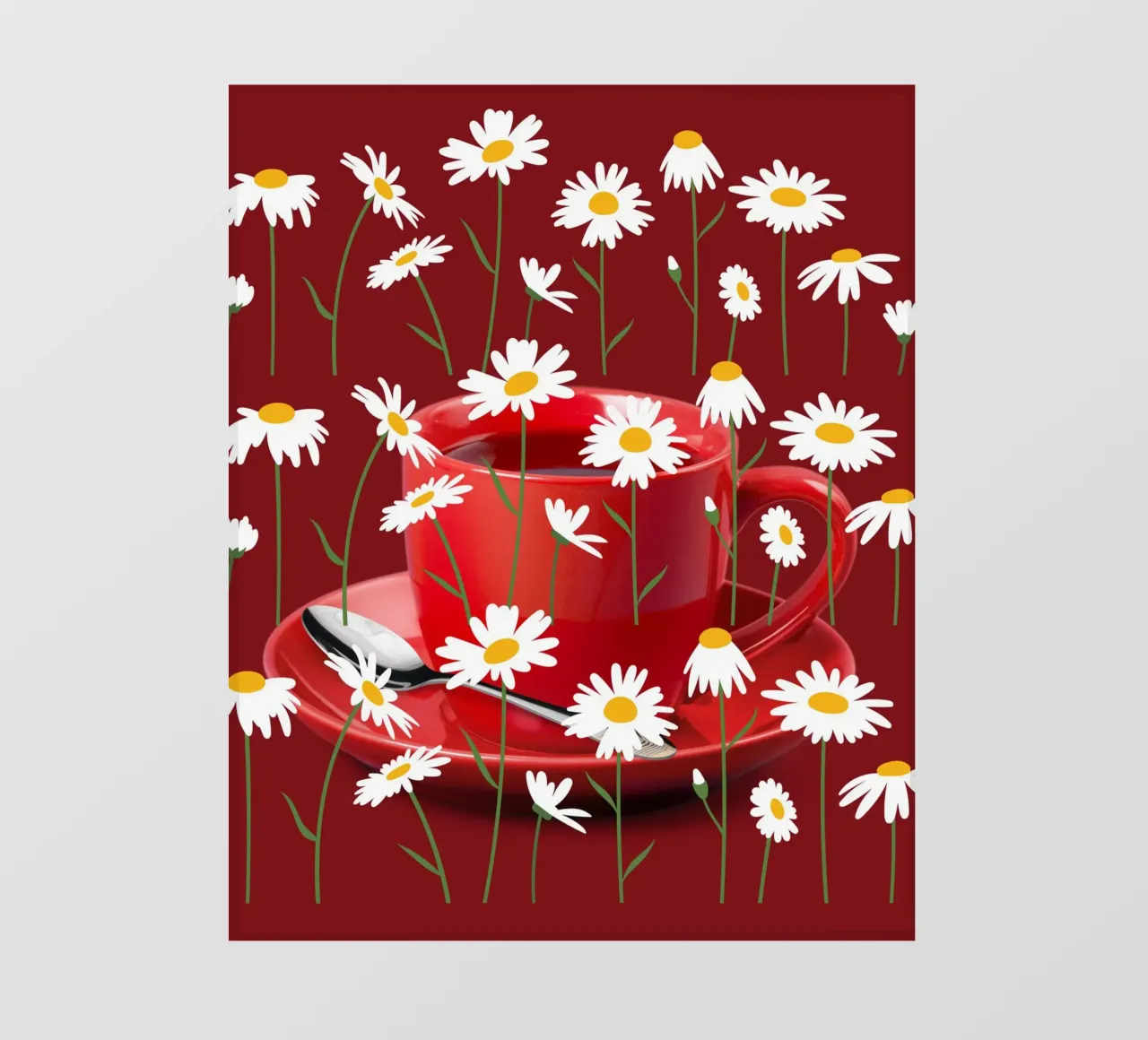 Bicchiere da tè in porcellana con fiori di camomilla - Murale rosso, moderno pellicola backlit da StrindesignStudio