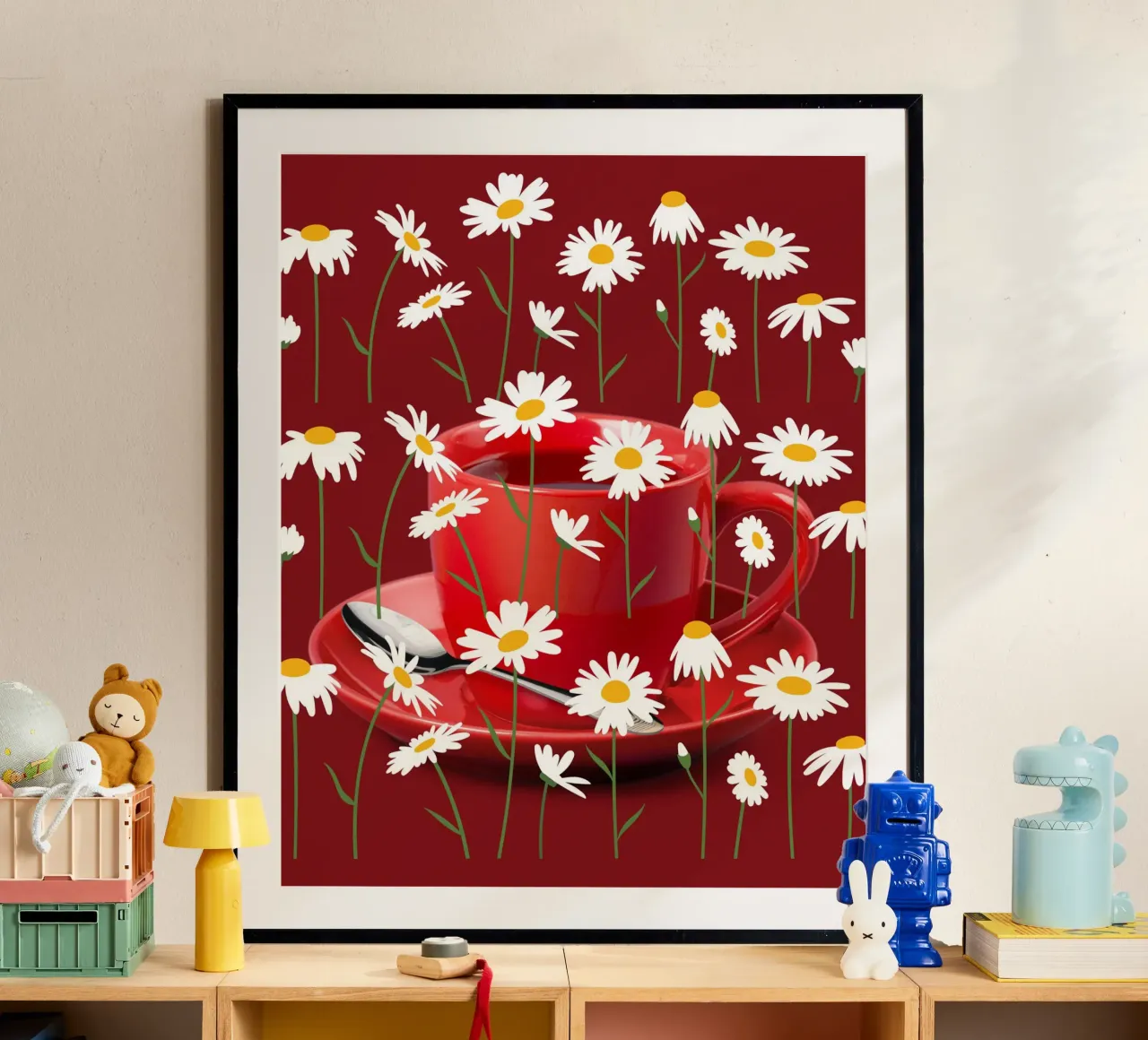 Bicchiere da tè in porcellana con fiori di camomilla - Murale rosso, moderno poster da StrindesignStudio