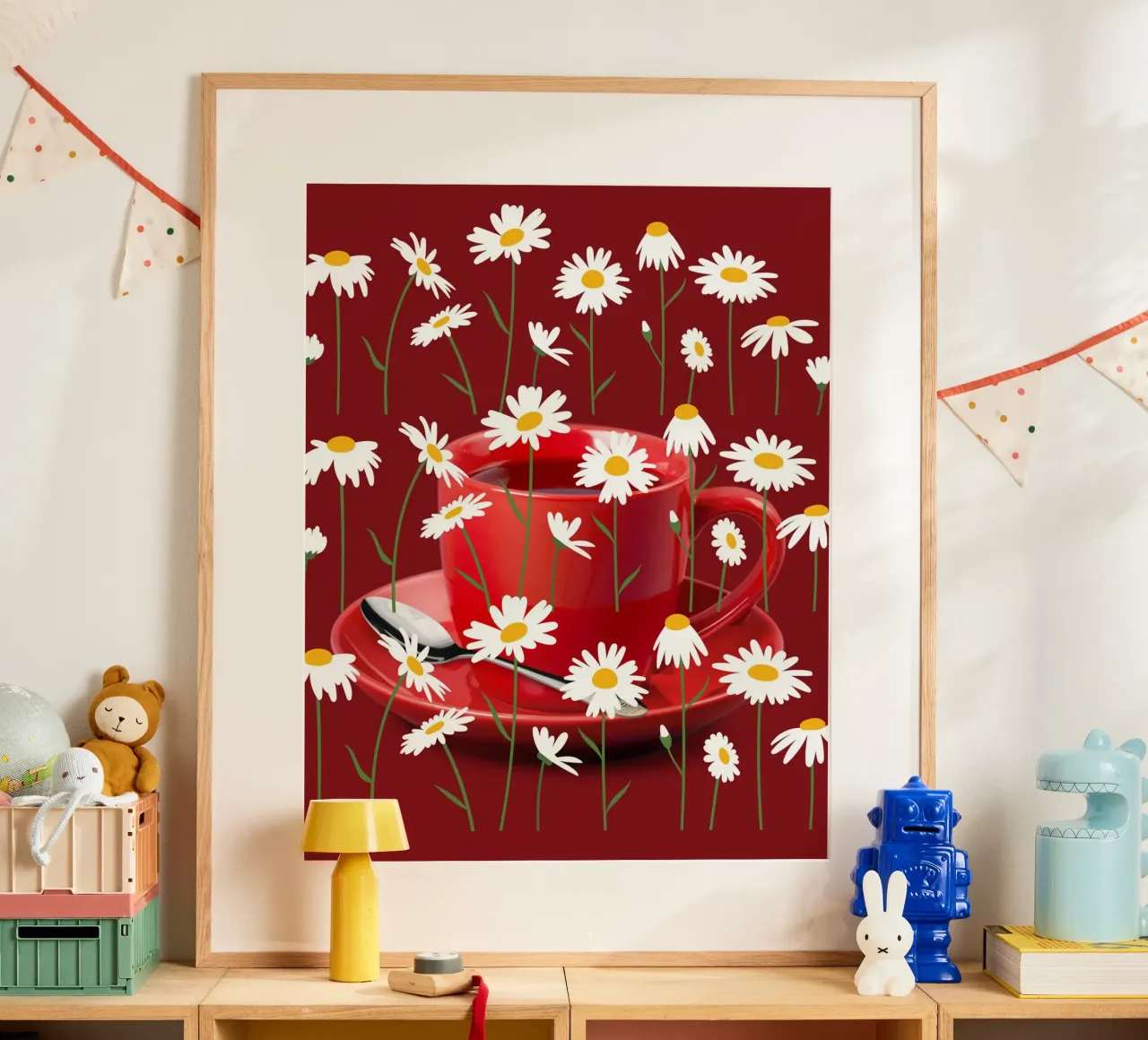 Bicchiere da tè in porcellana con fiori di camomilla - Murale rosso, moderno poster da StrindesignStudio