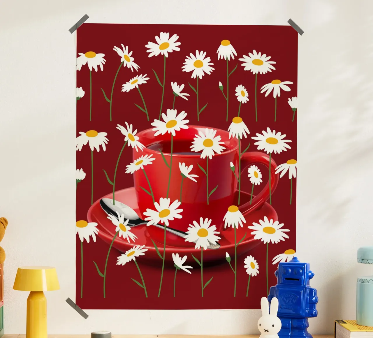 Bicchiere da tè in porcellana con fiori di camomilla - Murale rosso, moderno poster da StrindesignStudio