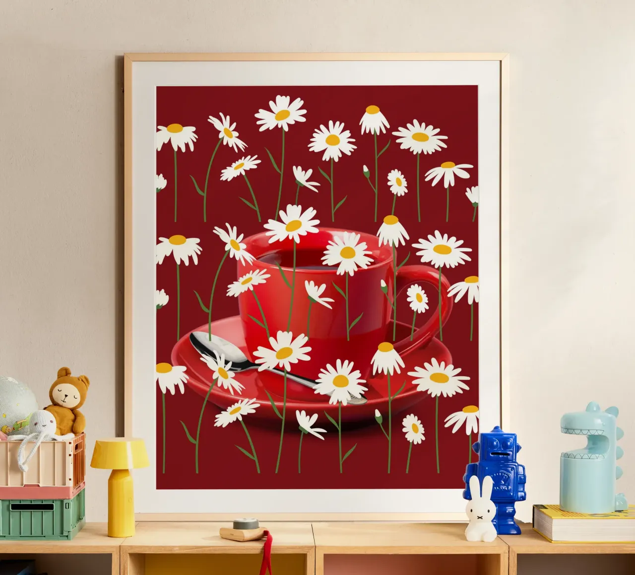 Bicchiere da tè in porcellana con fiori di camomilla - Murale rosso, moderno poster da StrindesignStudio