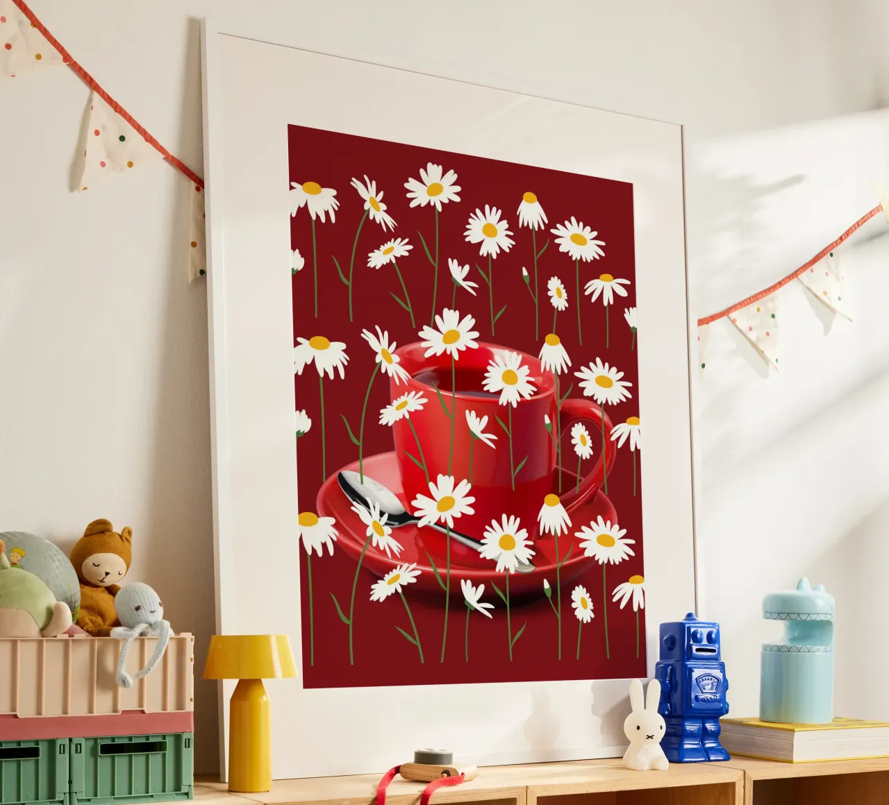 Bicchiere da tè in porcellana con fiori di camomilla - Murale rosso, moderno poster da StrindesignStudio