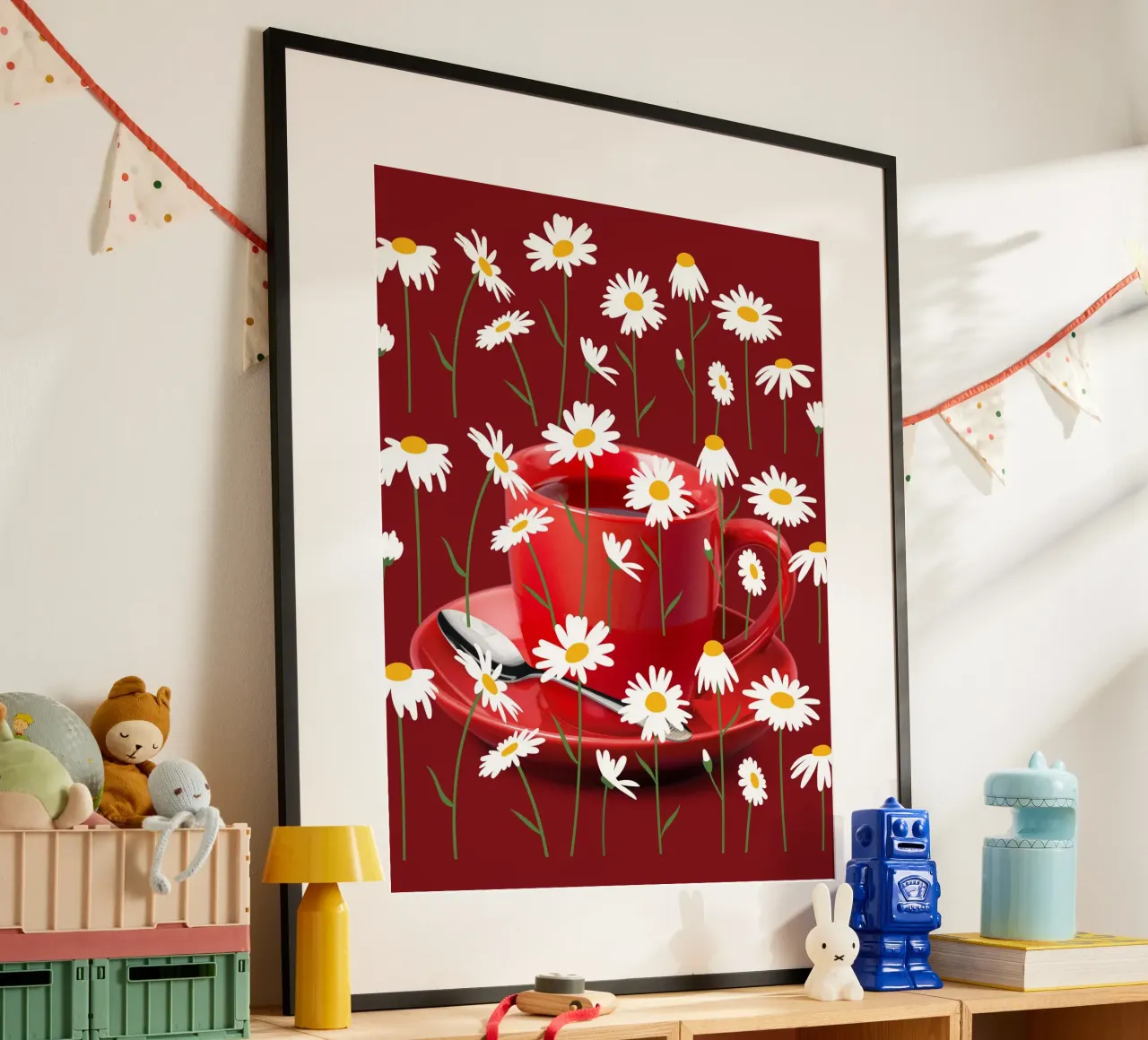 Bicchiere da tè in porcellana con fiori di camomilla - Murale rosso, moderno poster da StrindesignStudio