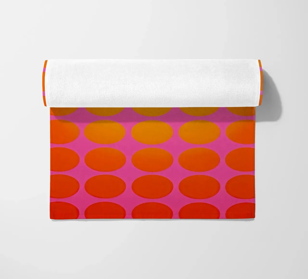 Abstract red and yellow circles on pink | Energy and calm beach towel by Autofocus