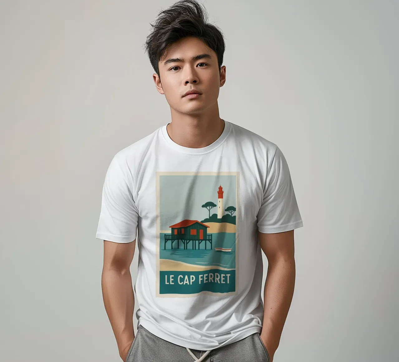 Cap Ferret - capanna su palafitte e iconico faro t-shirt da JETLAG | affiches voyage