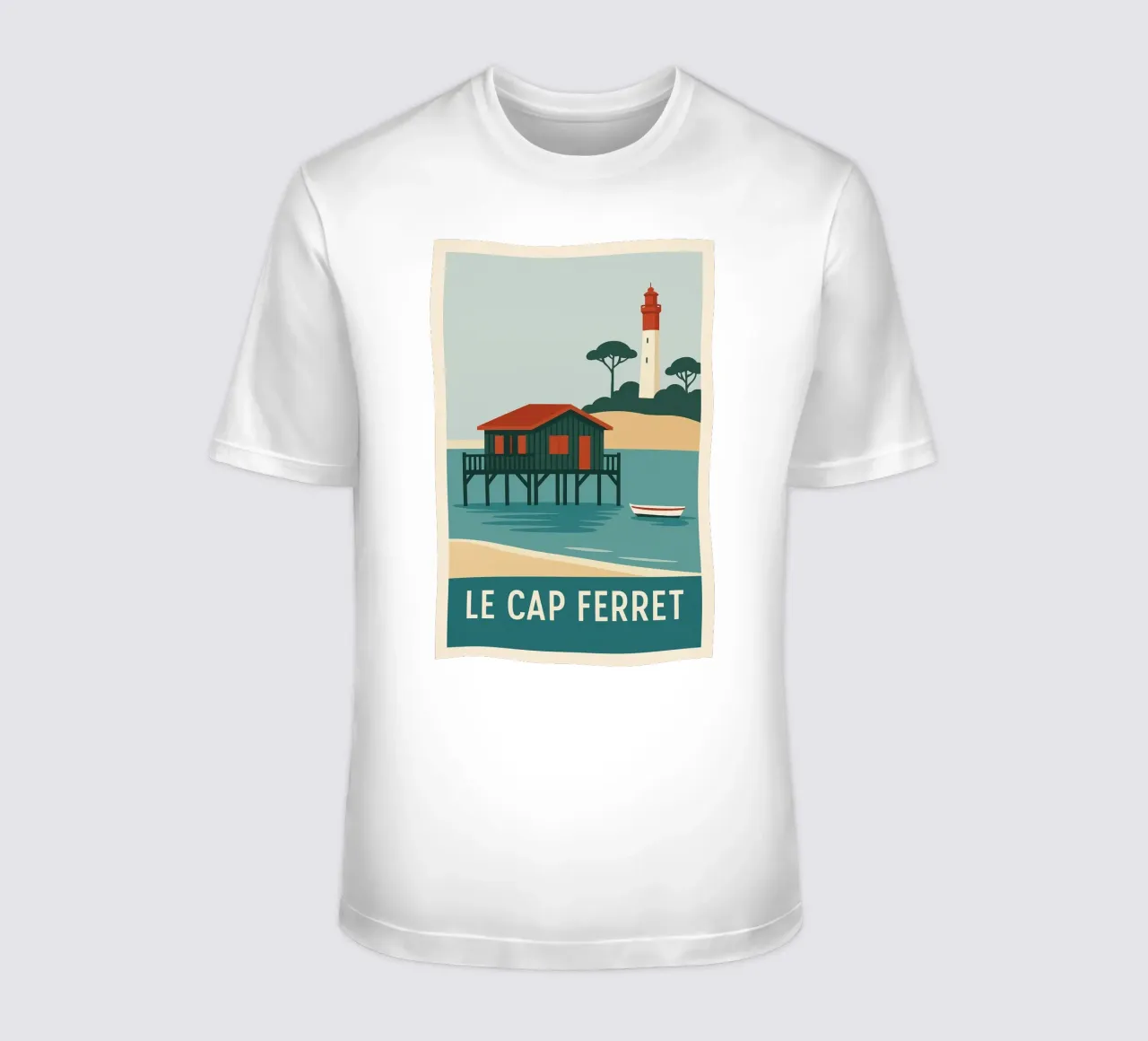 Cap Ferret - capanna su palafitte e iconico faro t-shirt da JETLAG | affiches voyage