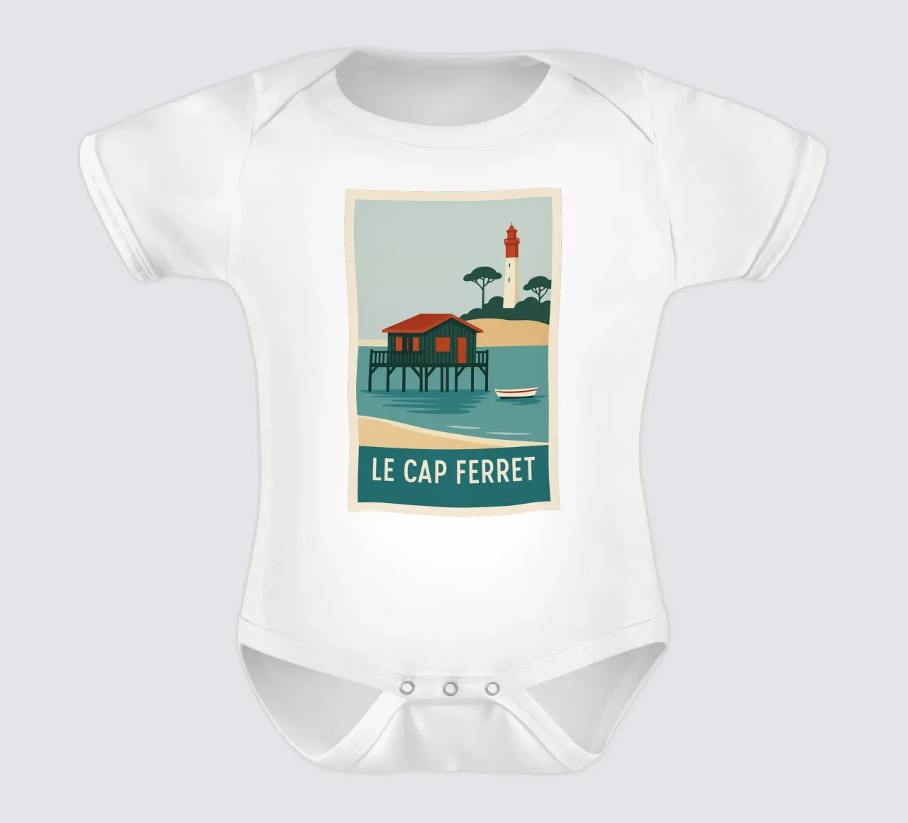 Cap Ferret - capanna su palafitte e iconico faro body neonato maniche corte da JETLAG | affiches voyage