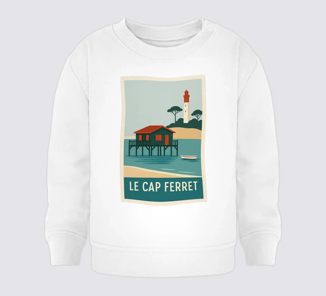 Cap Ferret - capanna su palafitte e iconico faro felpa neonato da JETLAG | affiches voyage