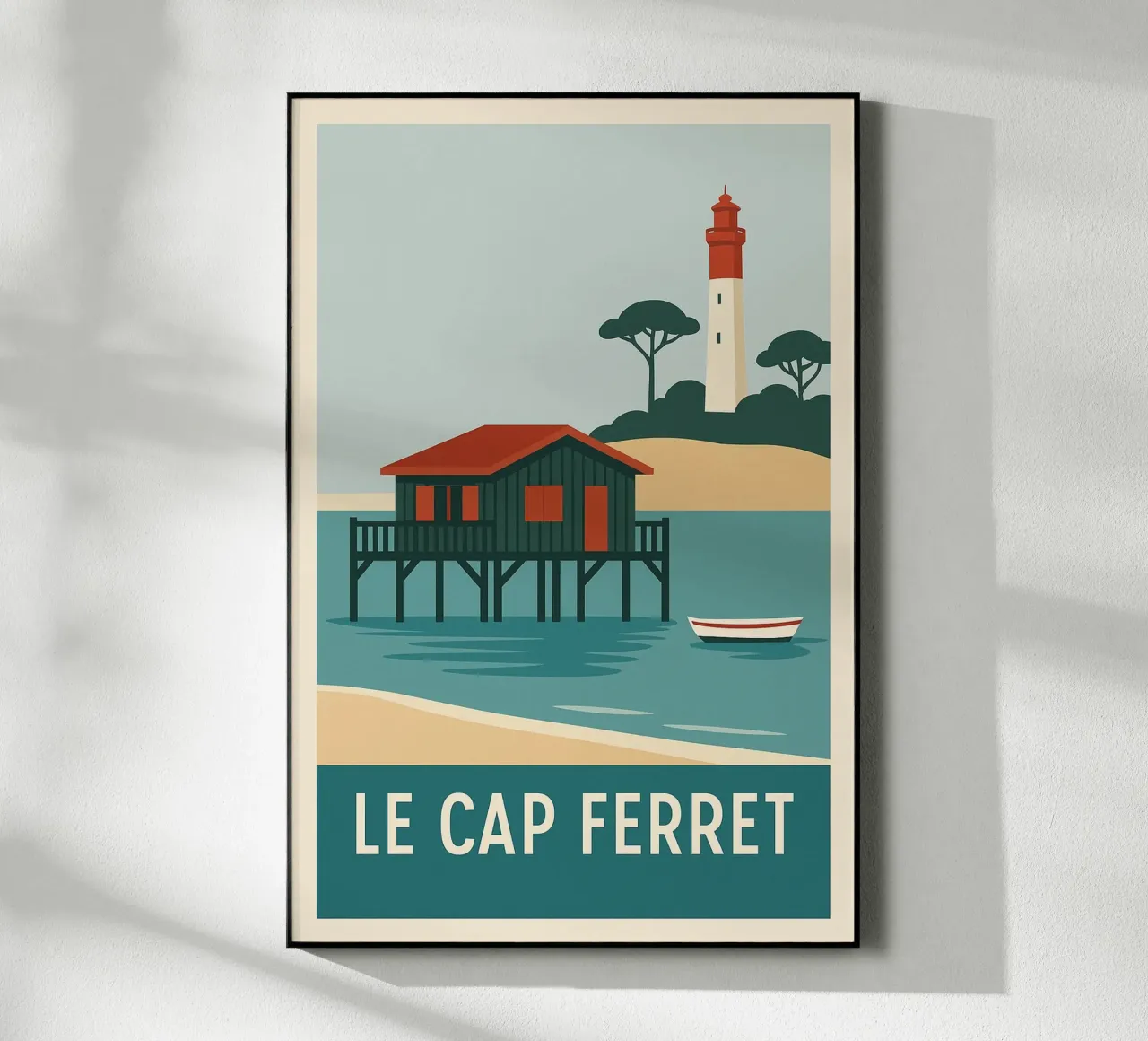 Cap Ferret - capanna su palafitte e iconico faro plexiglass da JETLAG | affiches voyage